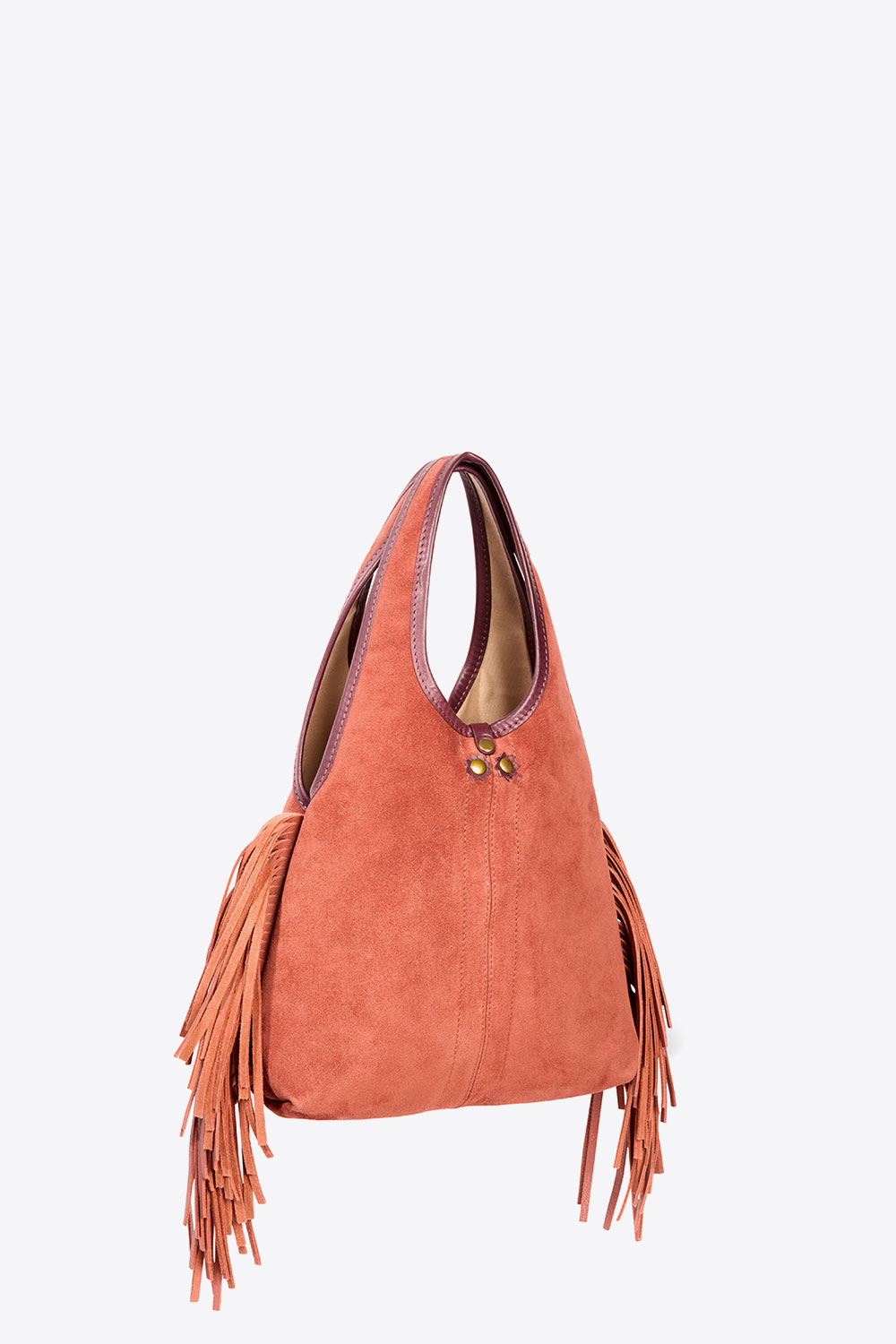 Produit Mini-sac à franges bandoulière amovible en cuir suédé Haenyeo Terracotta Jérôme Dreyfuss. Capsule SS25. Détail des franges sur les côtés en cuir suédé Terracotta. 
