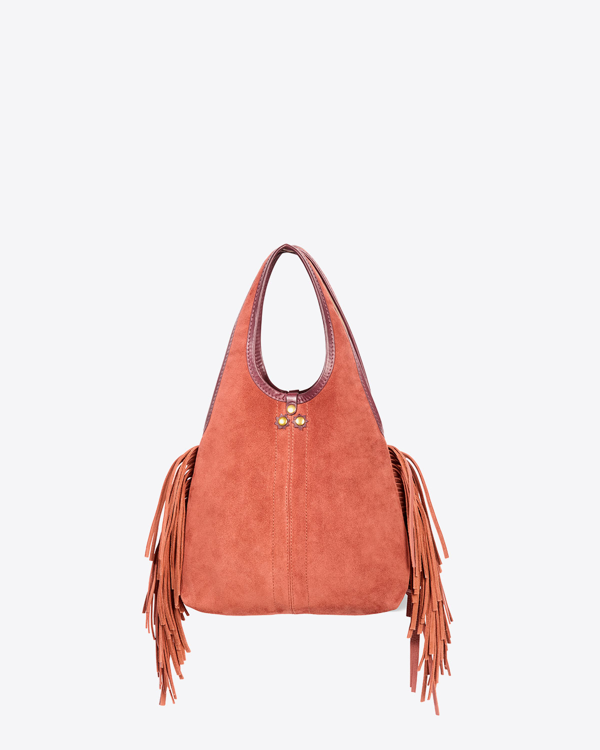 Mini-sac à franges bandoulière amovible en cuir suédé Haenyeo Terracotta Jérôme Dreyfuss. Capsule SS25. Détail des franges vue de face. 