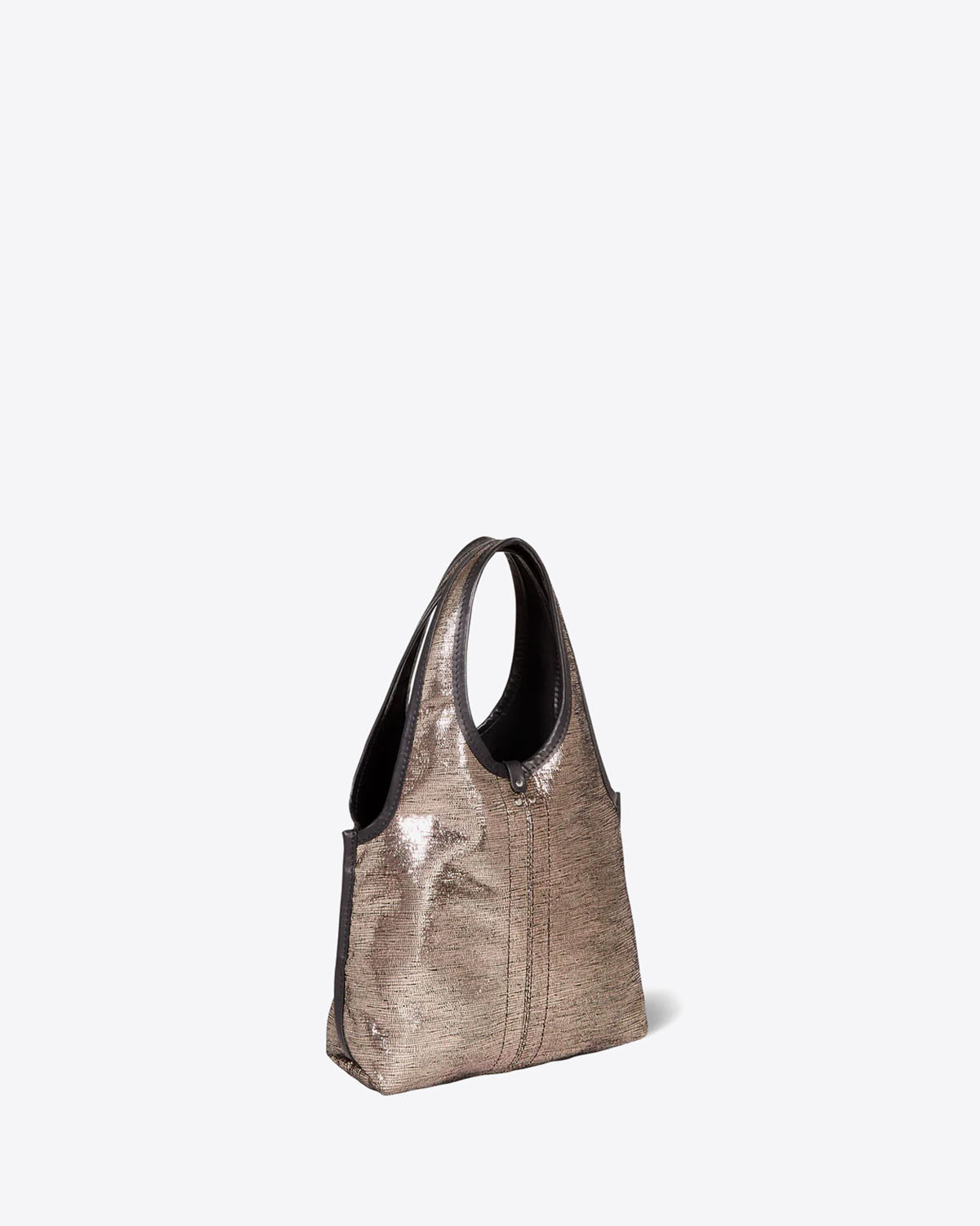 Produit Sac petit cabas souple Paco S Jérôme Dreyfuss en cuir lamé champagne. Vue profil