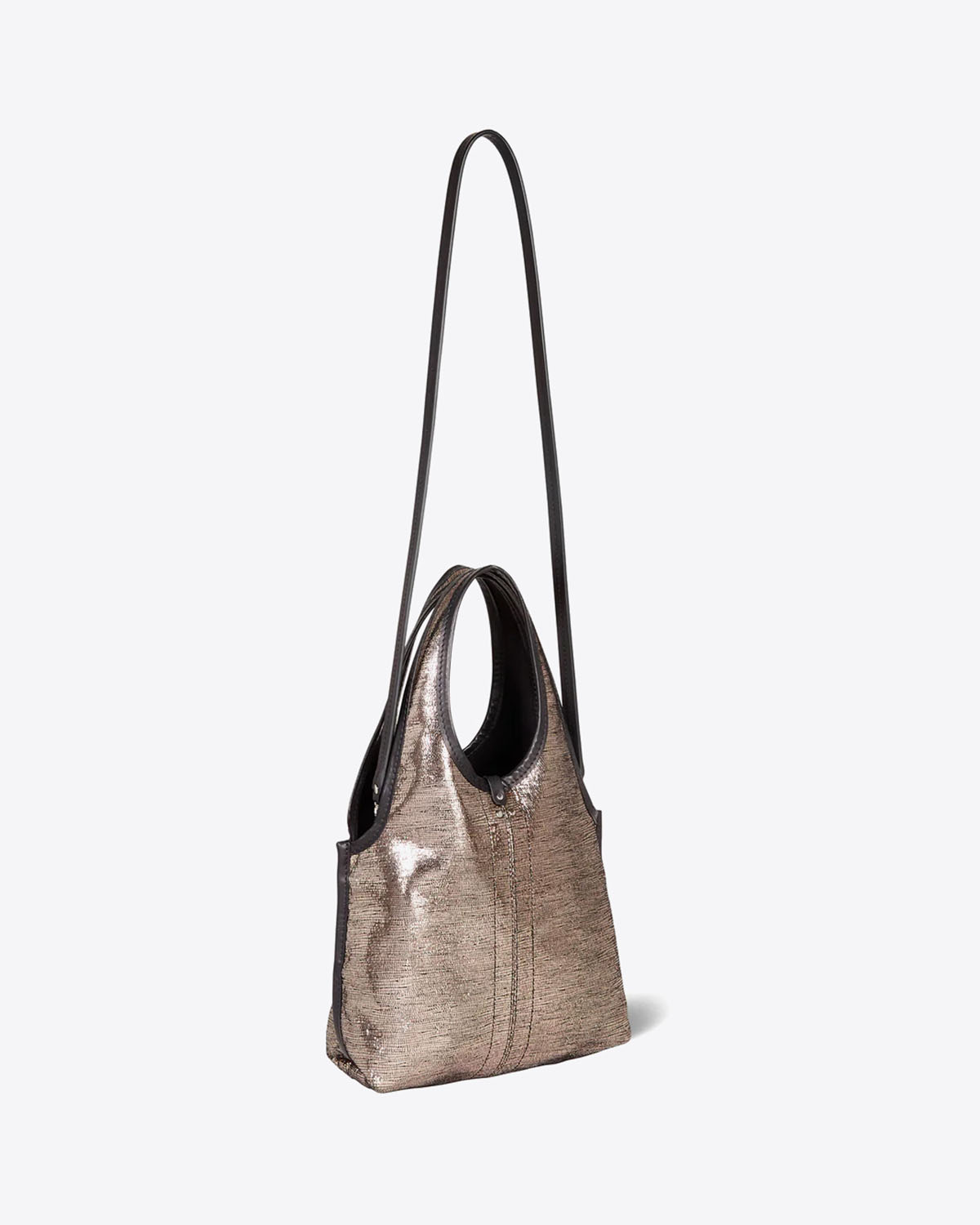 Sac petit cabas souple Paco S Jérôme Dreyfuss en cuir lamé champagne. Vue profil.