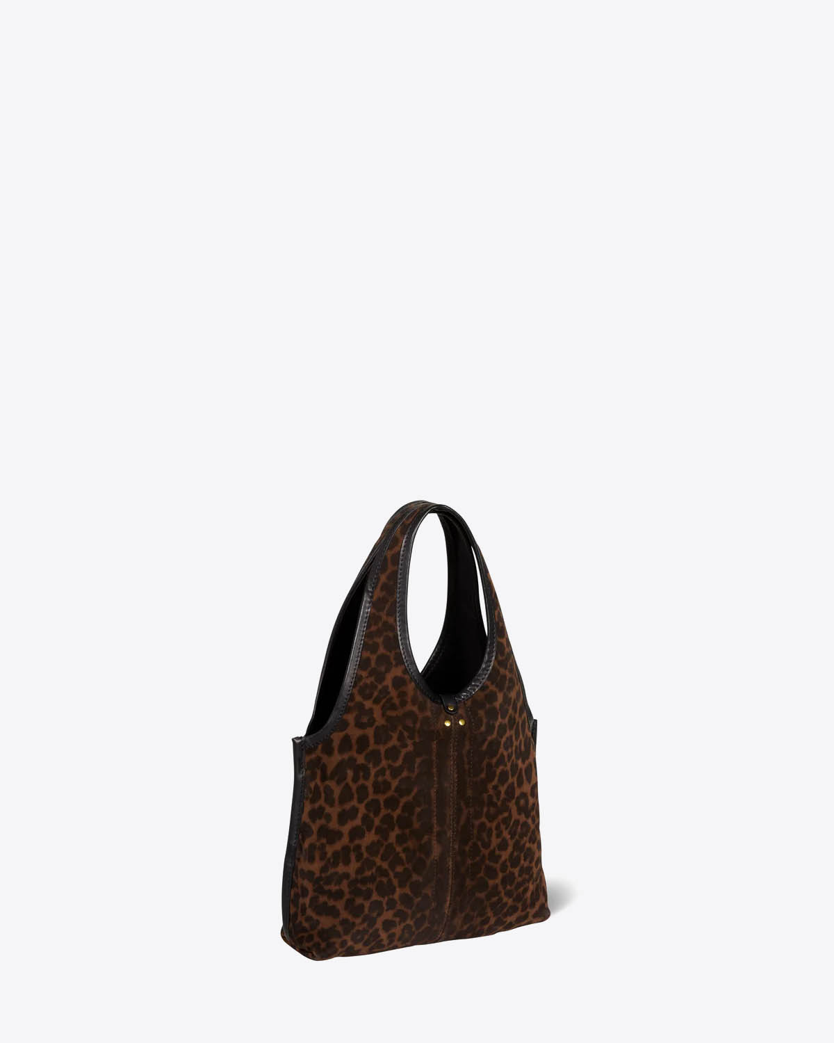 Produit Sac petit format Paco S Jérôme Dreyfuss en cuir suédé imprimé léopard. Vue profil.