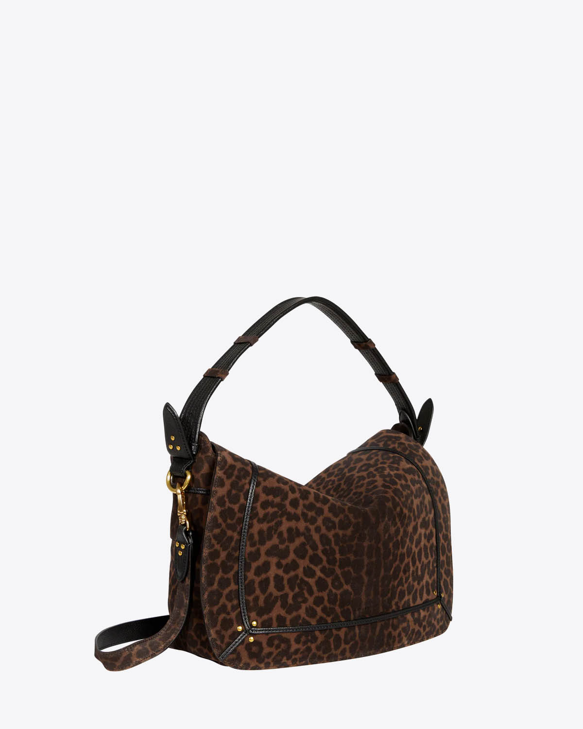 Produit Sac grand format Pepito L Jérôme Dreyfuss en cuir suédé imprimé léopard. Vue profil. 