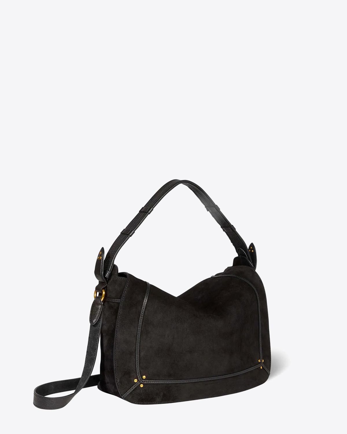 Produit Sac besace Pépito L Jérôme Dreyfuss en cuir suédé noir. Vue profil.