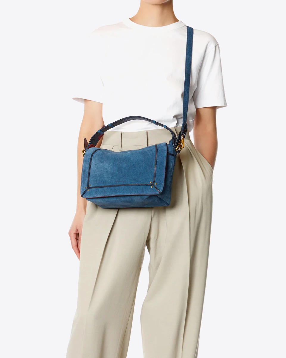 Sac Pepito M en cuir suédé effet jean Jérôme Dreyfuss porté croisé.