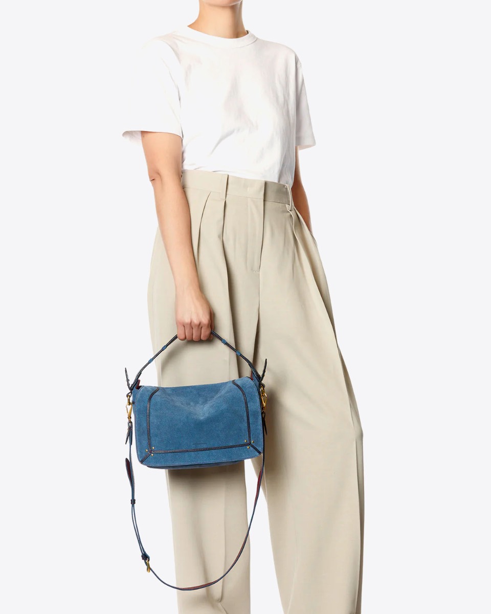 Sac Pepito M en cuir suédé effet jean Jérôme Dreyfuss porté main.