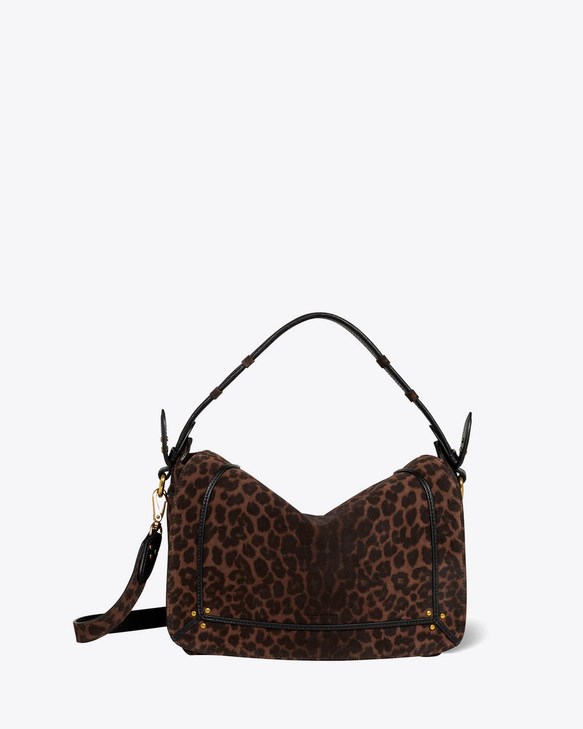 Sac moyen format Pepito M Jérôme Dreyfuss en cuir suédé imprimé léopard. Vue face.