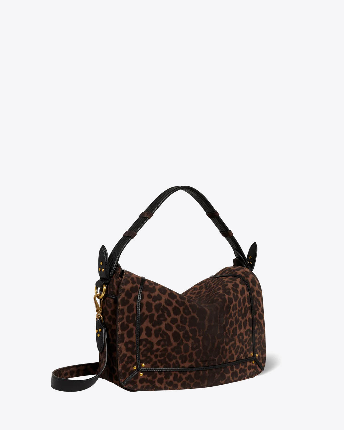 Produit Sac moyen format Pepito M Jérôme Dreyfuss en cuir suédé imprimé léopard. Vue profil. 