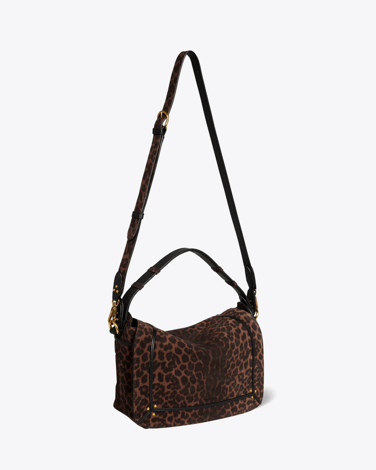 Produit Sac moyen format Pepito M Jérôme Dreyfuss en cuir suédé imprimé léopard. Vue profil. 