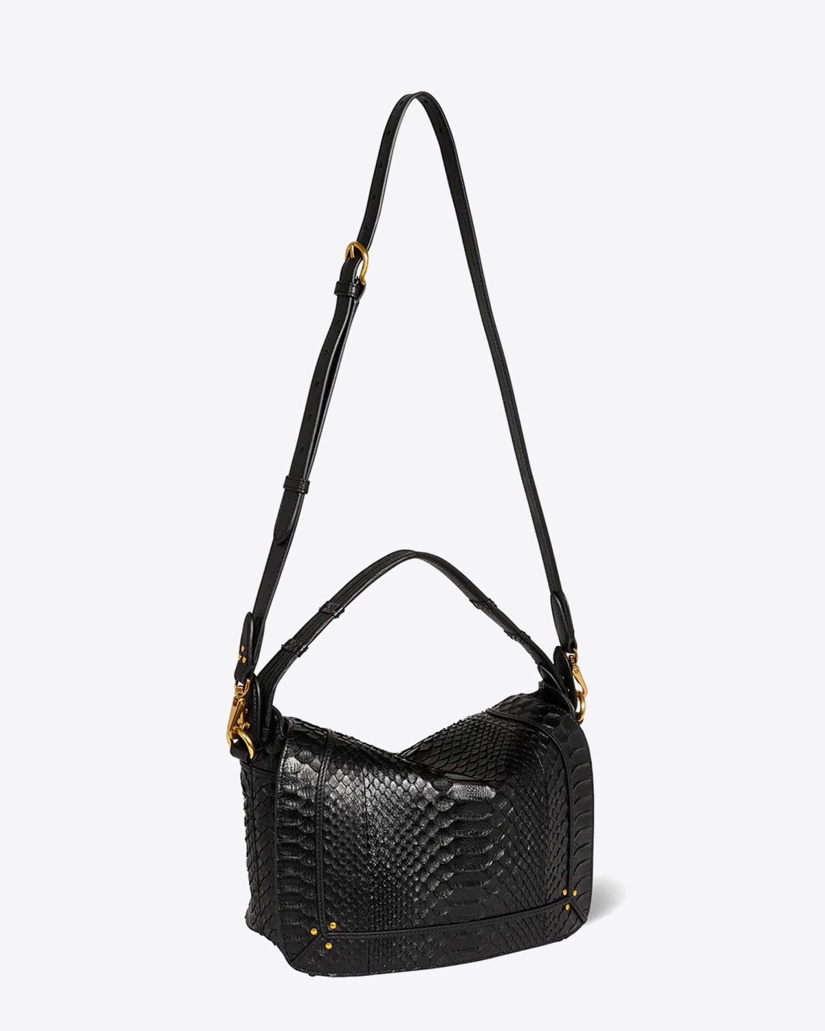 Produit Sac besace Pepito M Jérôme Dreyfuss en cuir python noir. Vue profil.