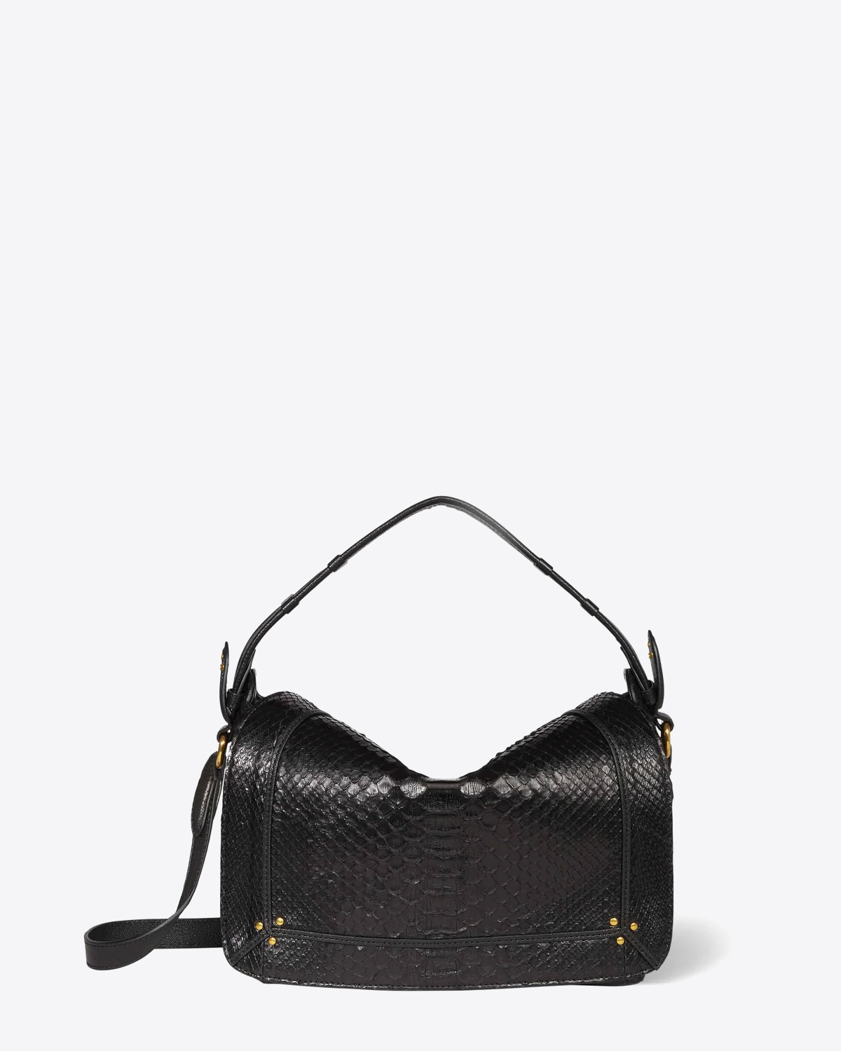 Sac besace Pepito M Jérôme Dreyfuss en cuir python noir. Vue face. 