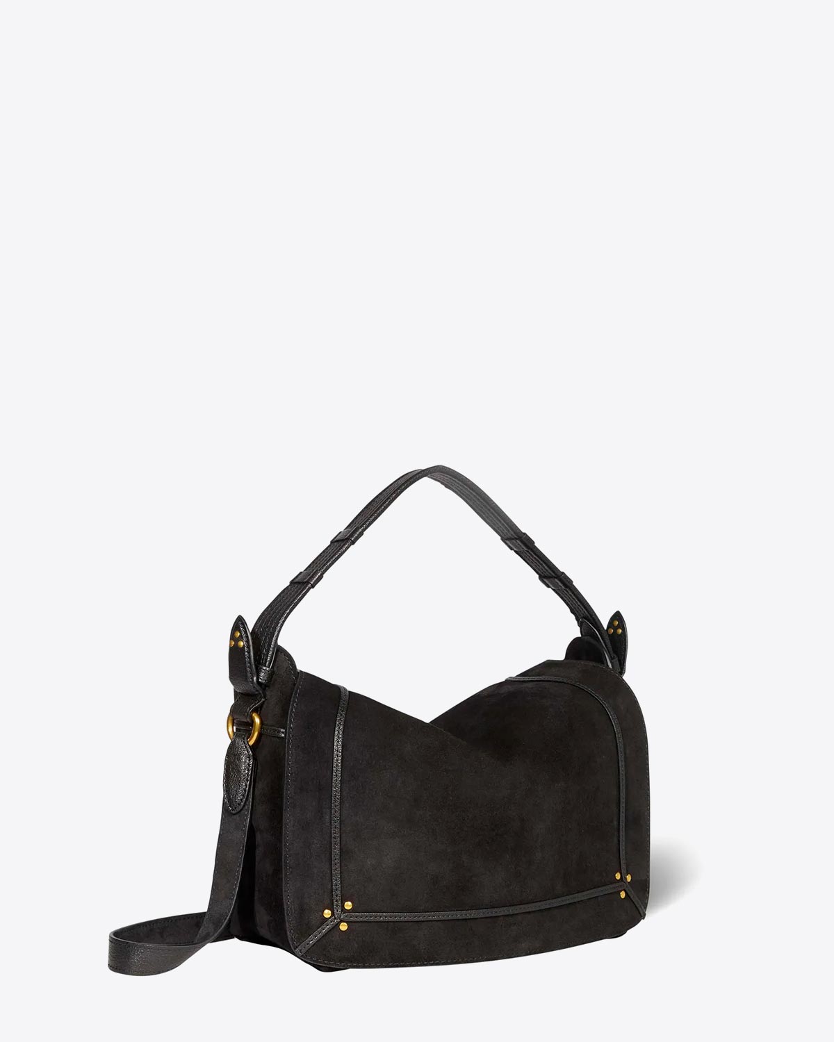 Produit Sac besace Pepito M Jérôme Dreyfuss en cuir Suédé Noir. Vue profil avec anse. 