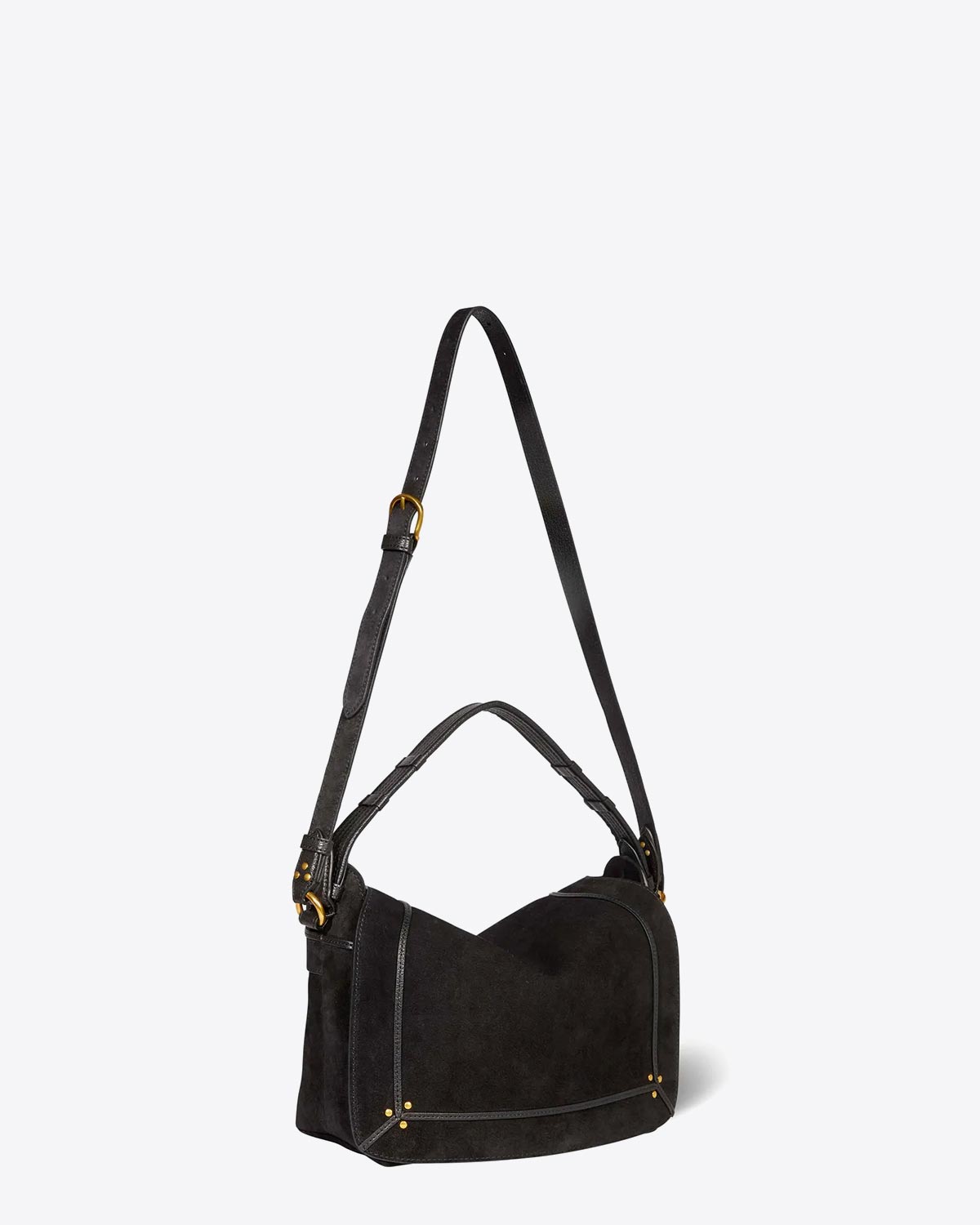 Produit Sac besace Pepito M Jérôme Dreyfuss en cuir Suédé Noir. Vue profil avec bandoulière. 