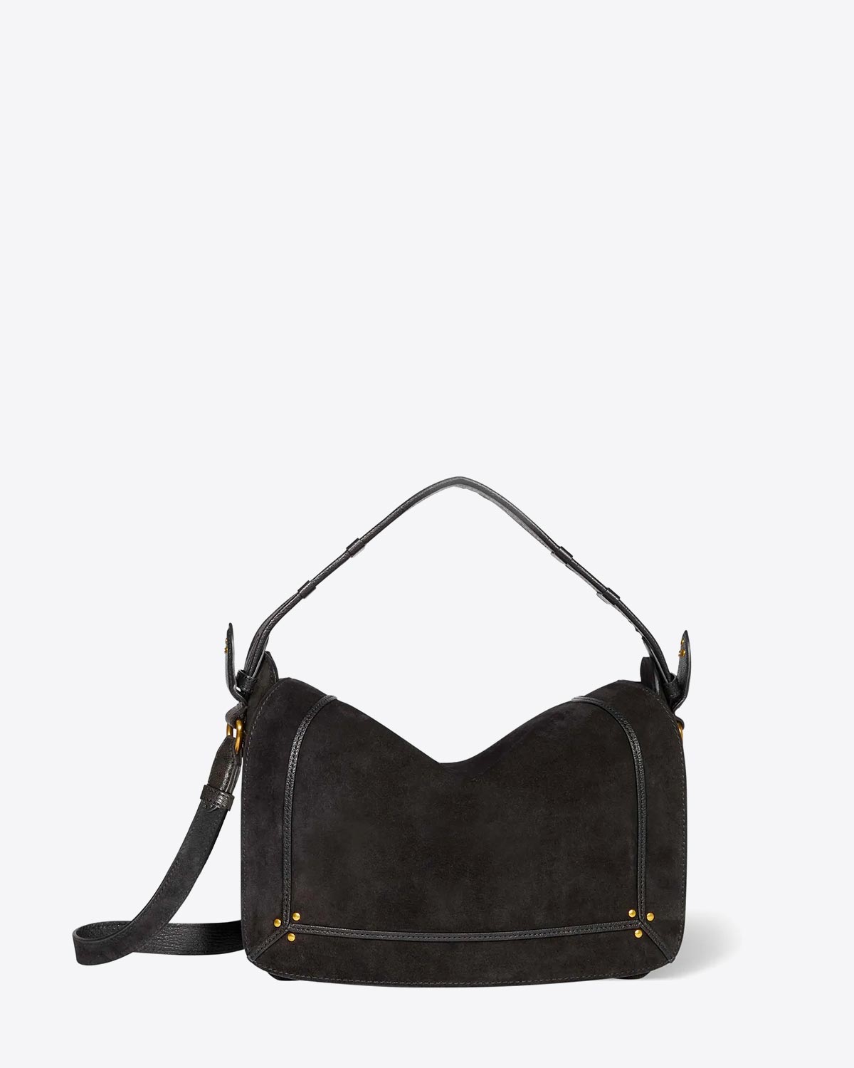 Sac besace Pepito M Jérôme Dreyfuss en cuir Suédé Noir. Vue face avec anse. 