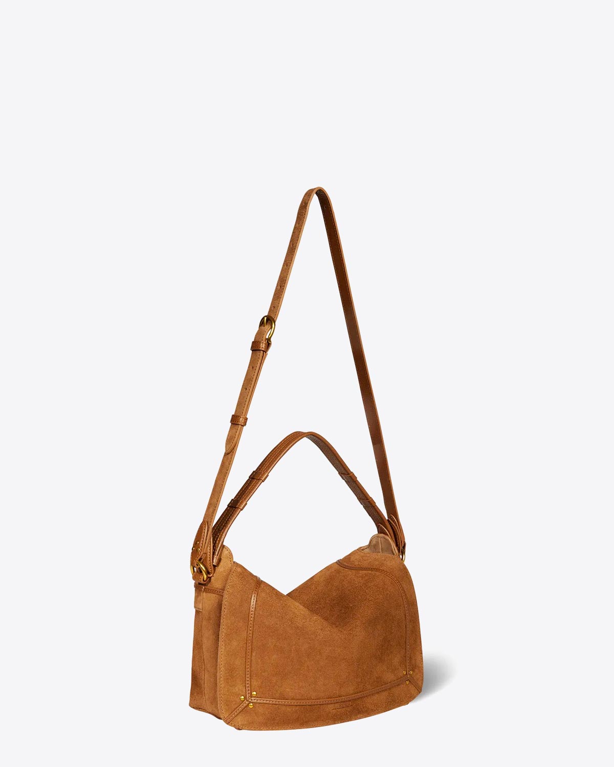 Produit Sac rectangulaire Jérôme Dreyfuss Pépito M en cuir suédé tabac avec bandoulière. Vue face. 