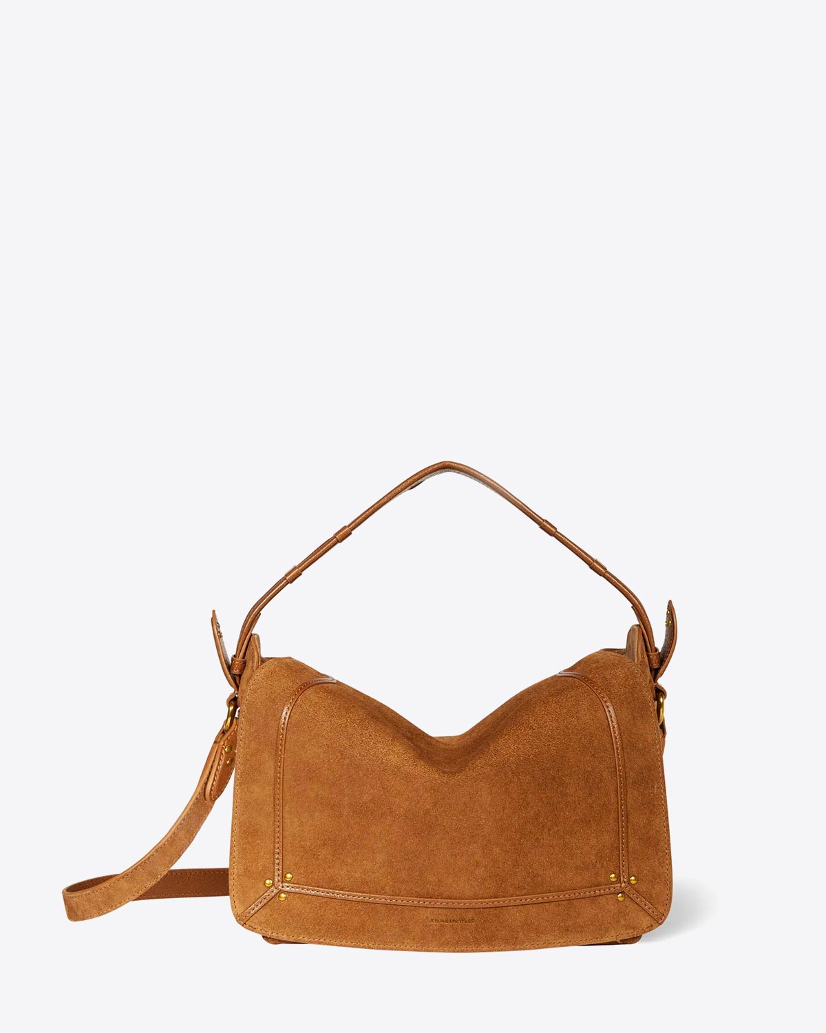 Sac rectangulaire Jérôme Dreyfuss Pépito M en cuir suédé tabac avec anse Vue face. 