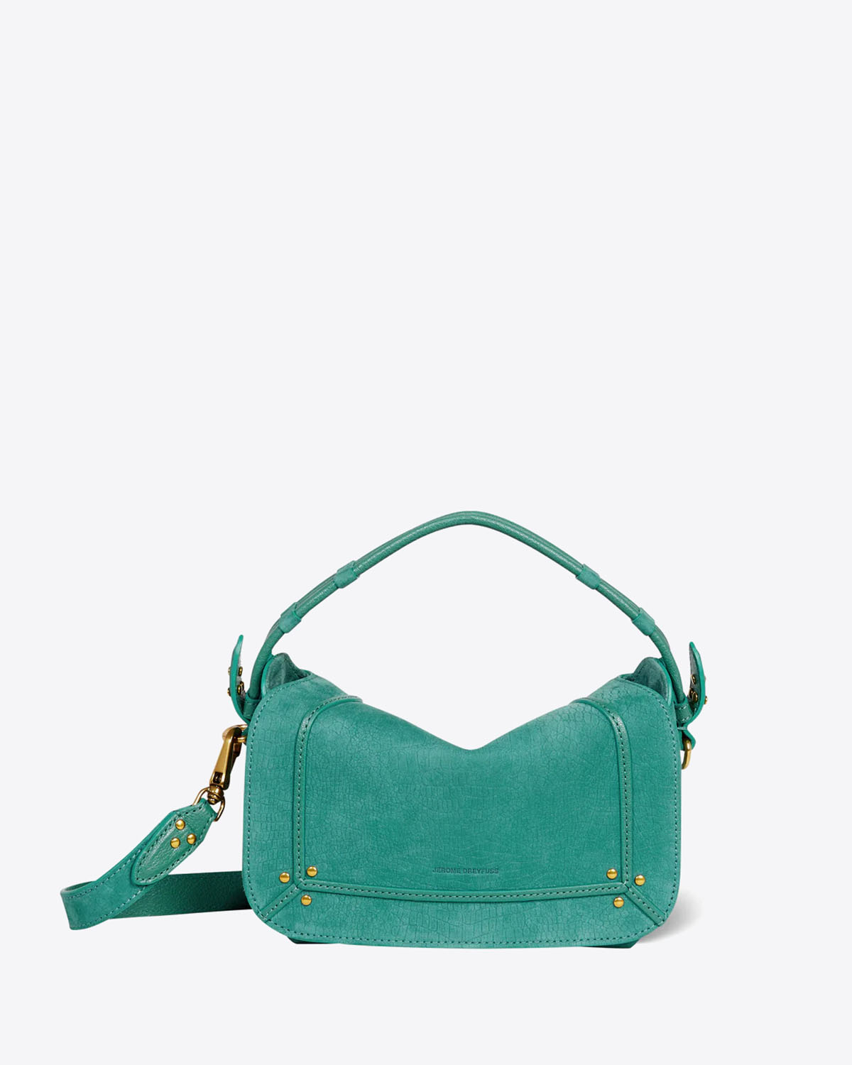Sac Pépito S petit format Jérôme Dreyfuss en cuir imprimé croco vert. Vue face 