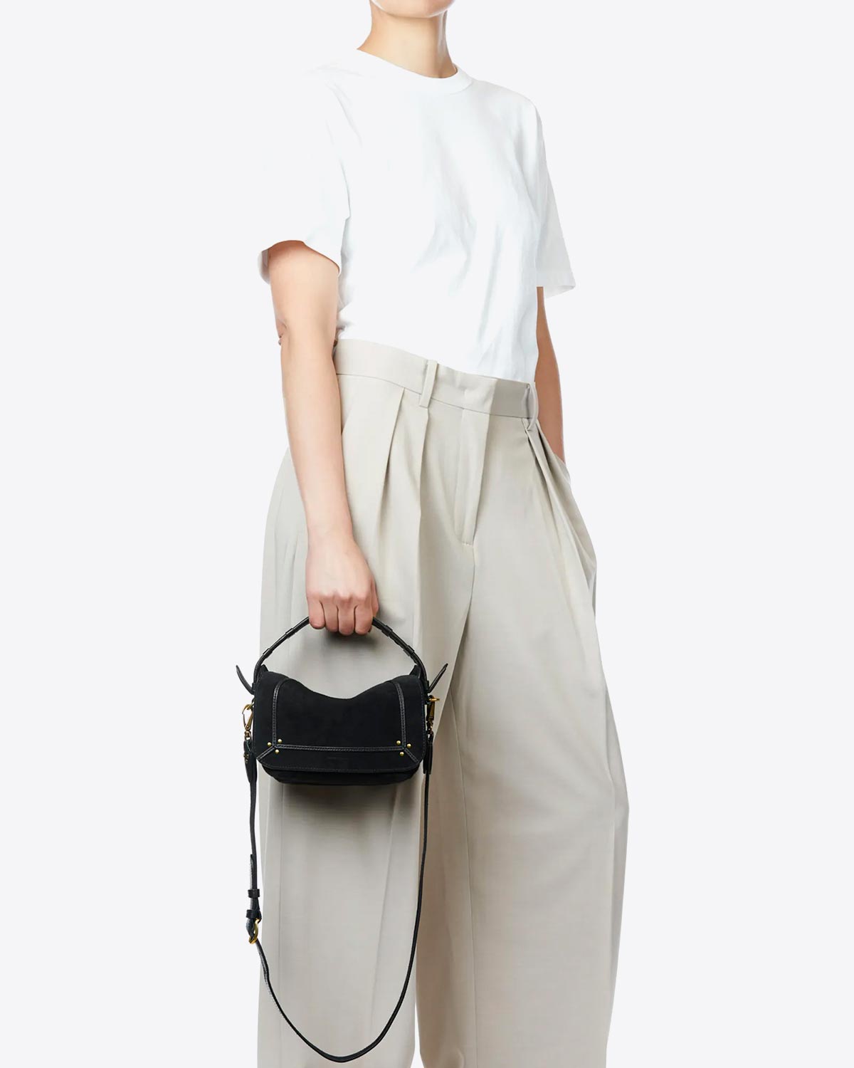 Sac besace Pepito S Jérôme Dreyfuss en cuir suédé noir. Porté main. 