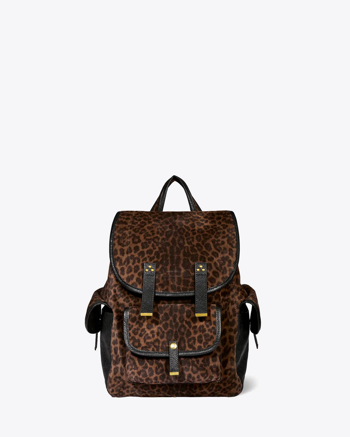 Produit Sac à dos Stan Jérôme Dreyfuss en cuir suédé imprimé léopard. Vue face.