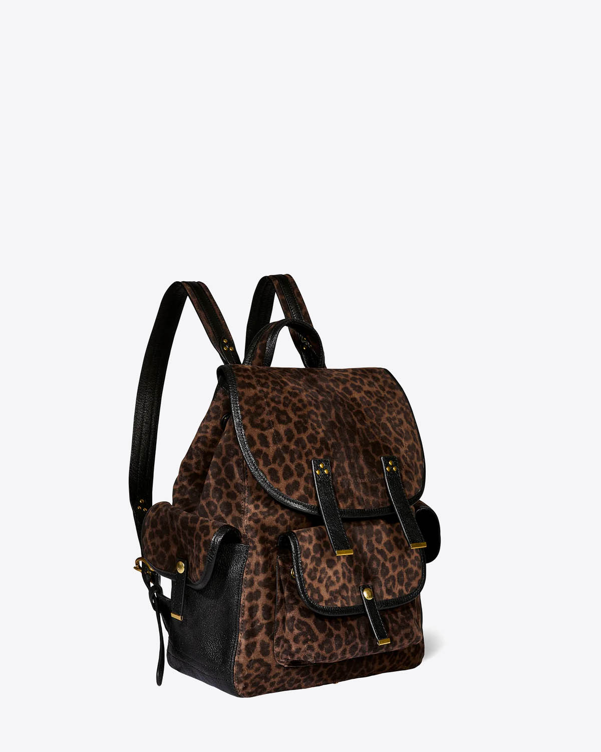 Produit Sac à dos Stan Jérôme Dreyfuss en cuir suédé imprimé léopard. Vue profil.