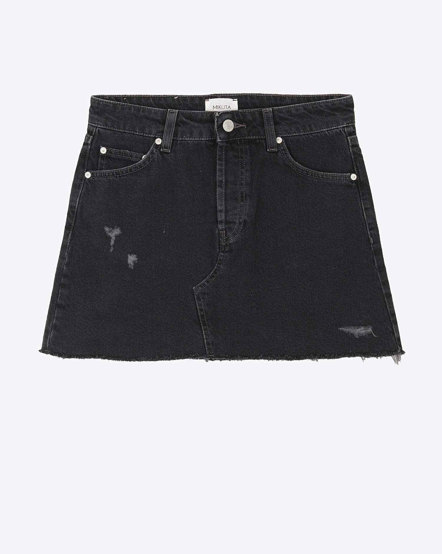 Minu Jupe en jean Mikuta en denim noir. Vue face. 