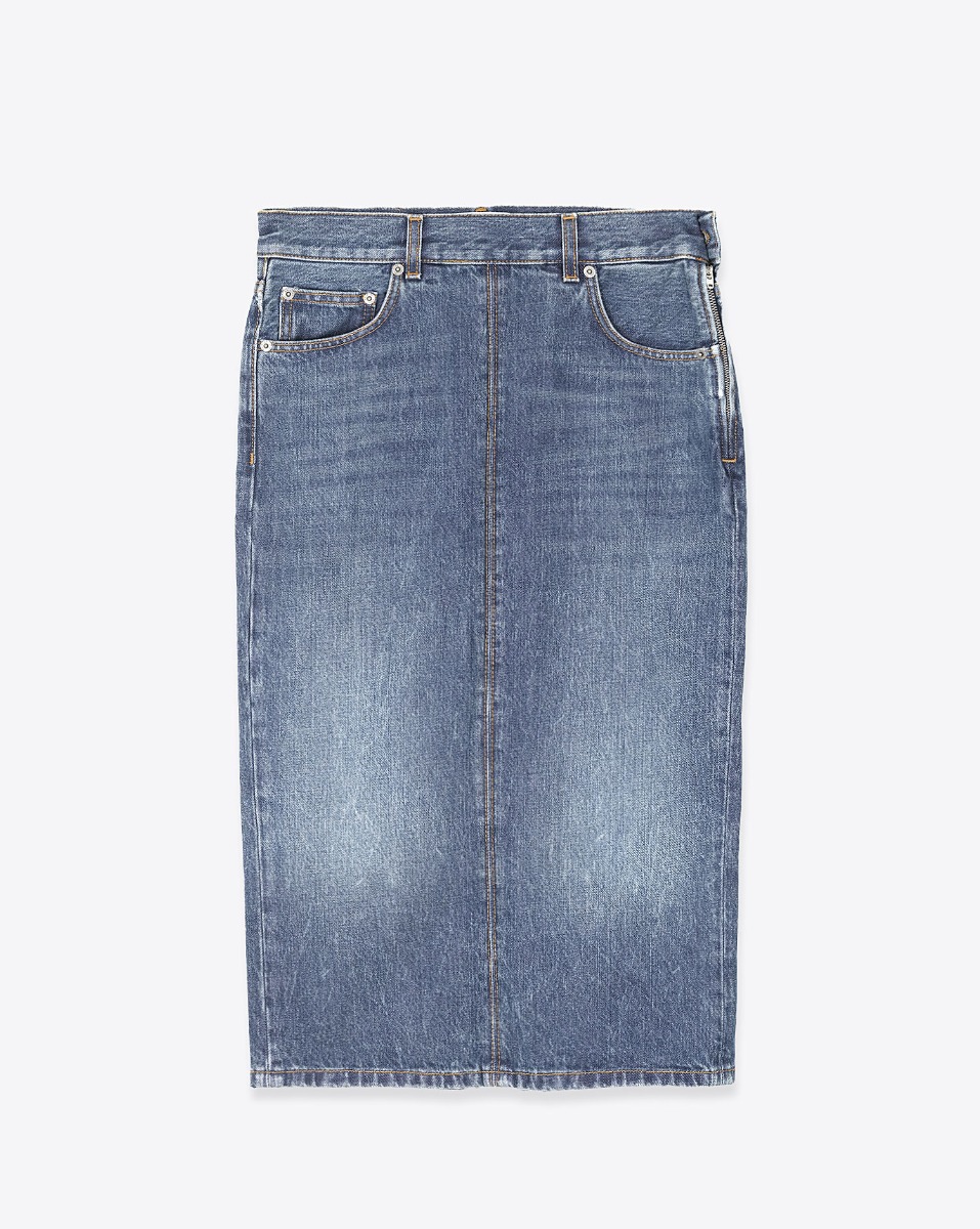 Produit Jupe droite midi Kim Haikure en denim bleu délavé. Vue de face.