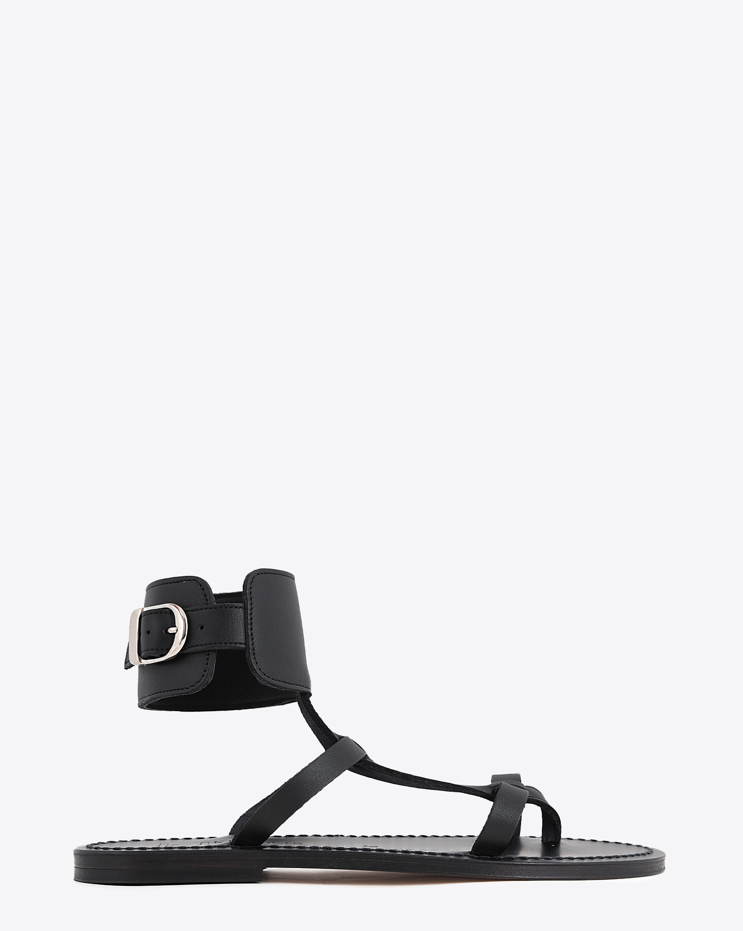 Sandales plates Caravelle en cuir noir K.Jacques. Profil. 

