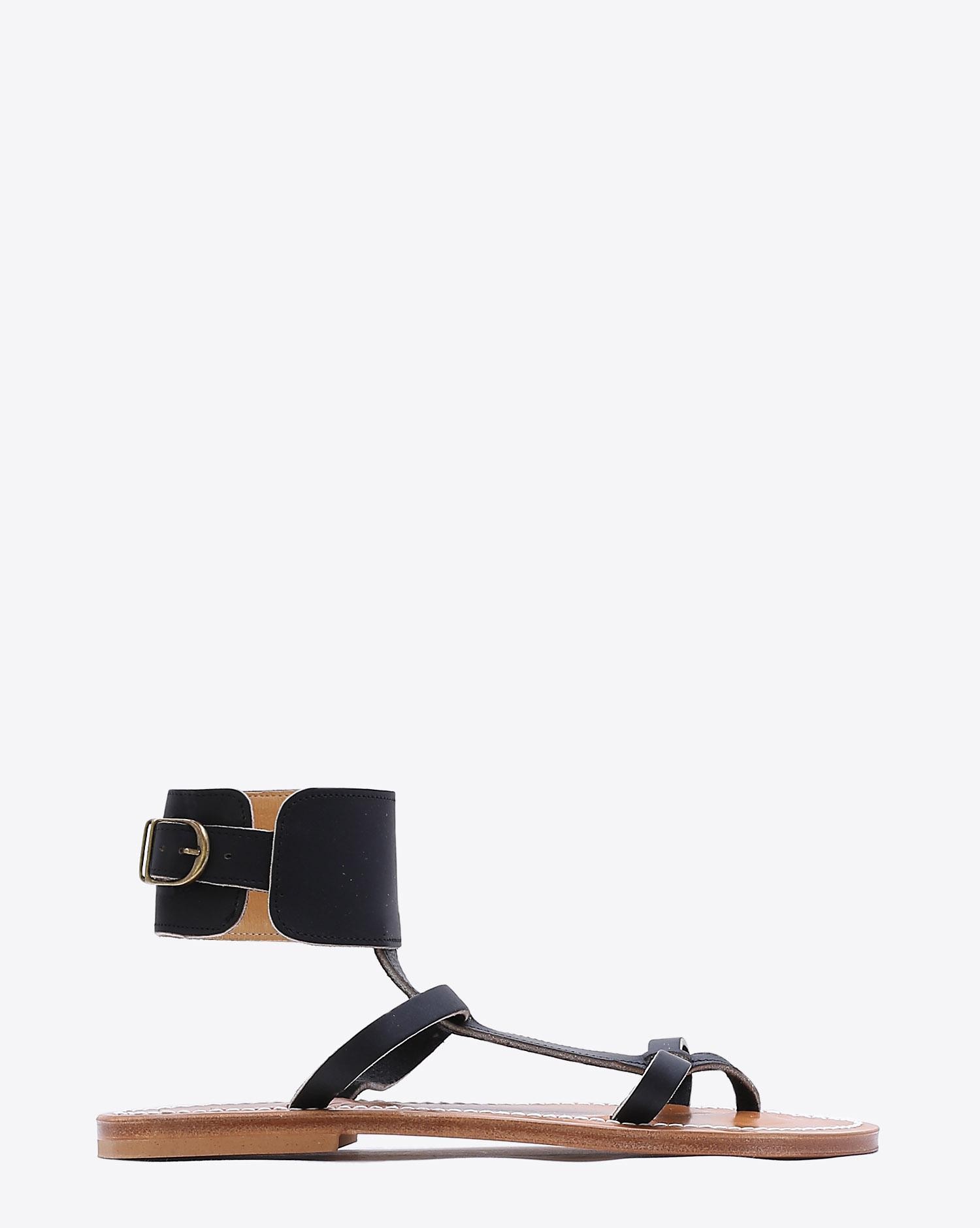 Produit Sandales plates Caravelle en cuir noir K.Jacques. Profil. 
