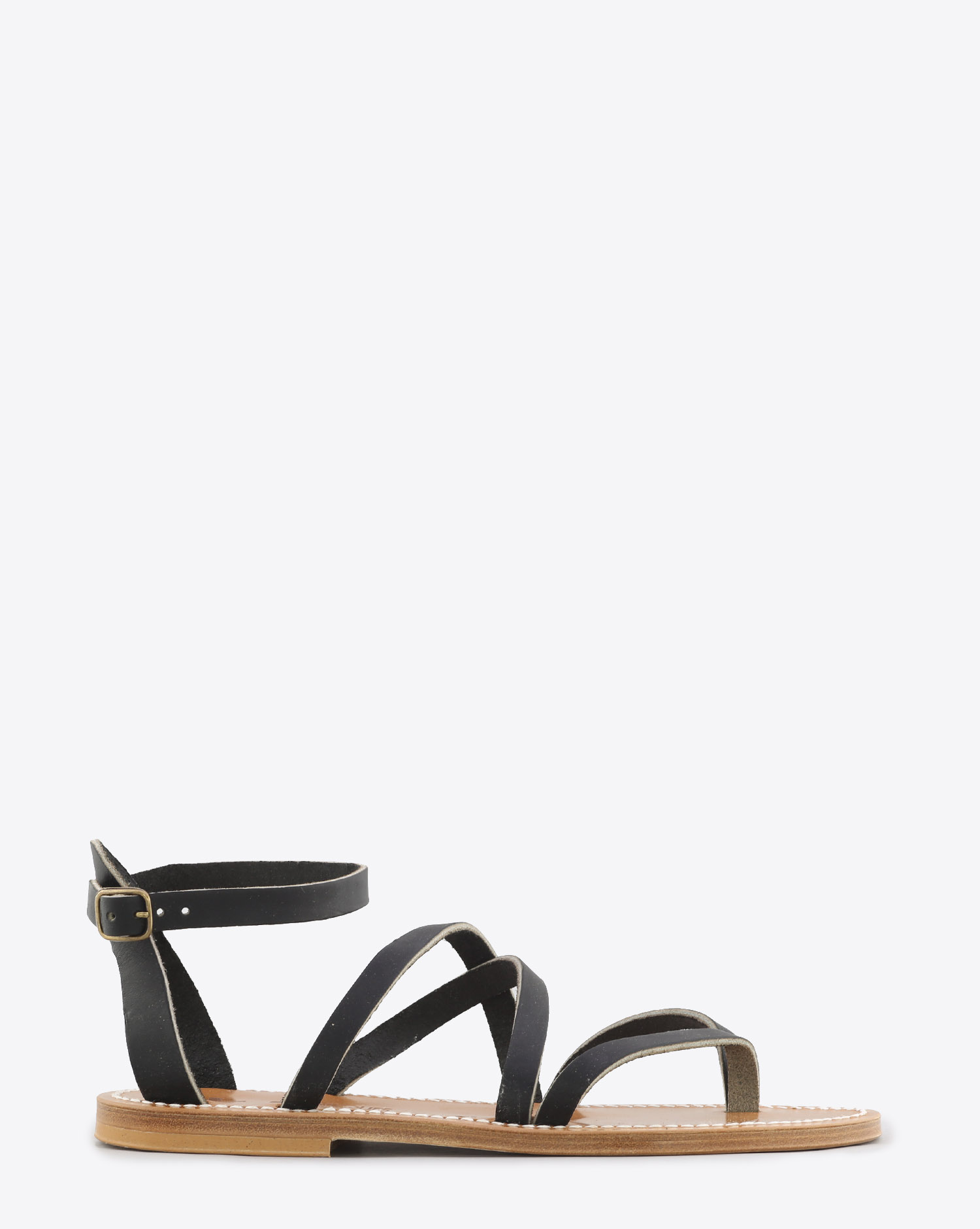 Sandales plates Epicure en cuir noir K.Jacques. Profil. 

