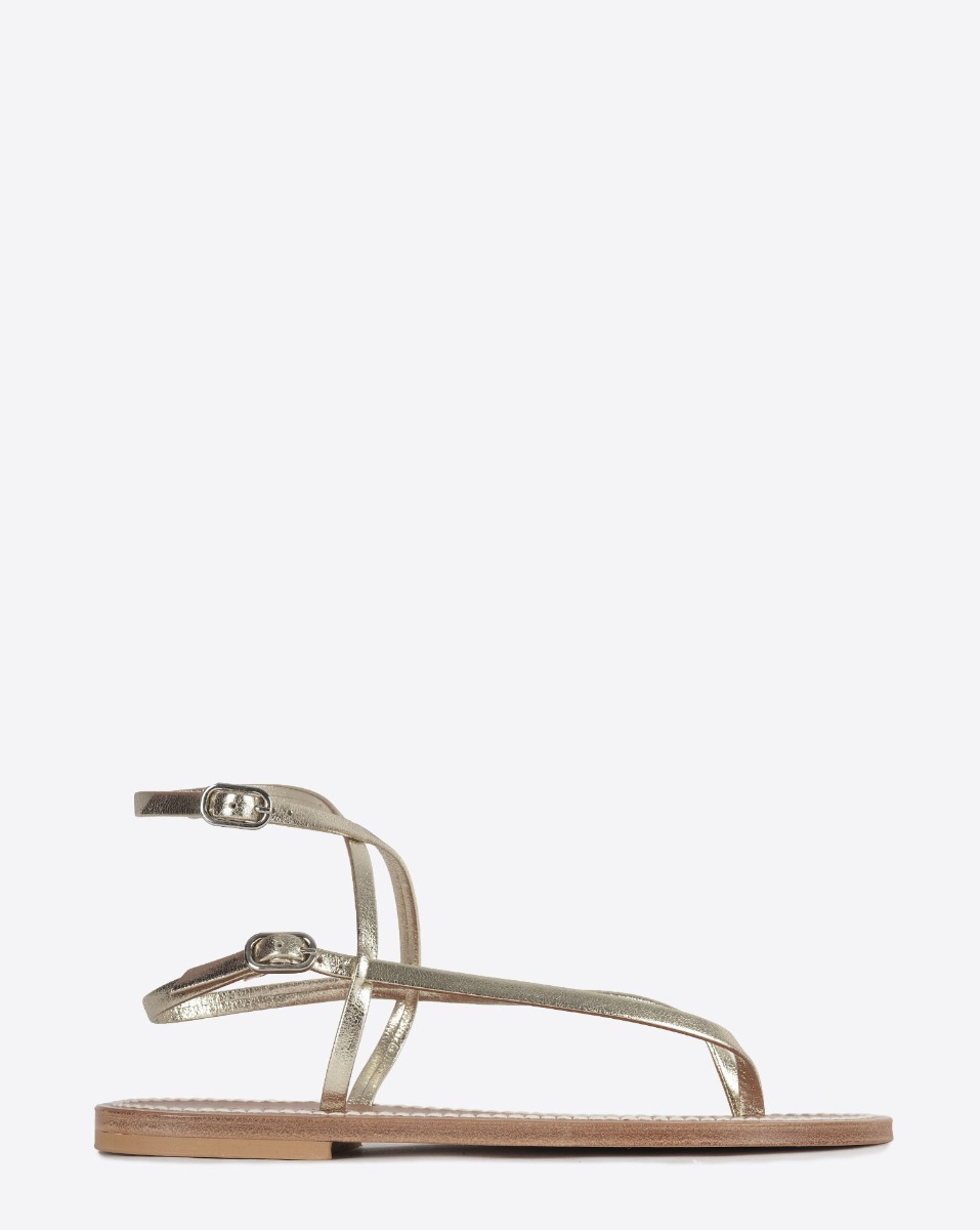 Sandales plates Abako K.Jacques St-Tropez en cuir lam&eacute; dor&eacute; Pul Champan. Vue de profil.