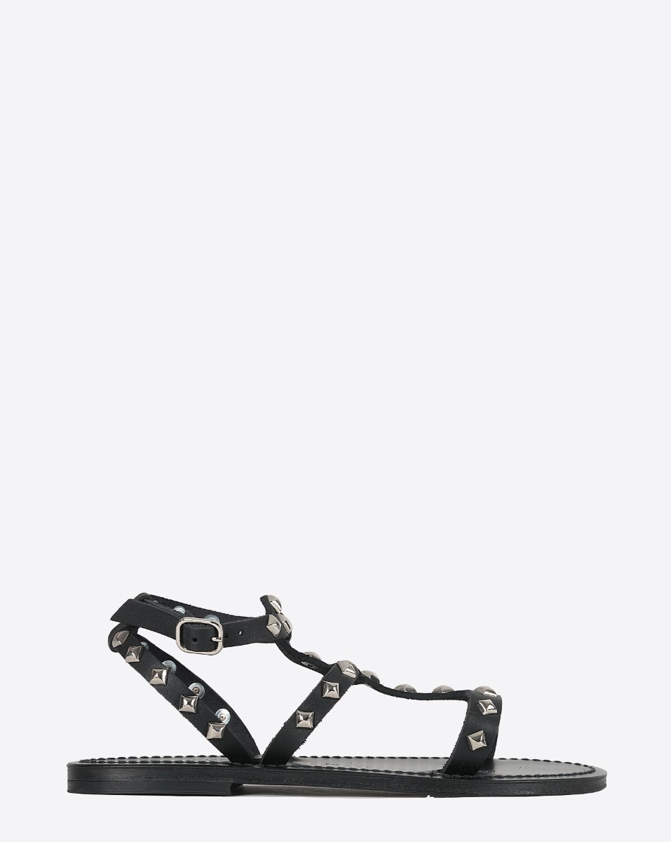 Sandales Arelatepyr K.Jacques St-Tropez en cuir noir clout&eacute; argent. Vue de profil.