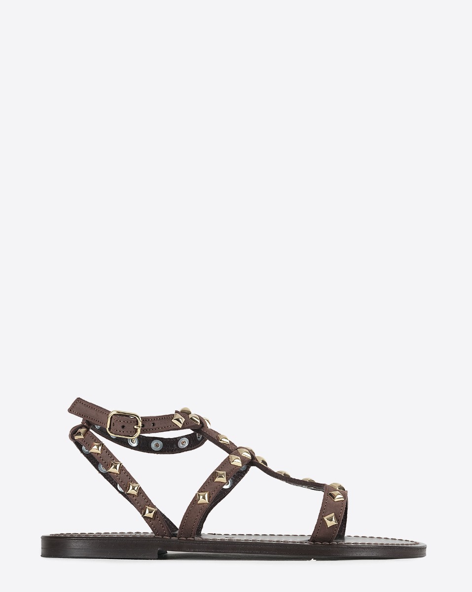 Sandales plates Arelatepyr K.Jacques St-Tropez en cuir Moka clous dor&eacute;s. Vue de profil. 