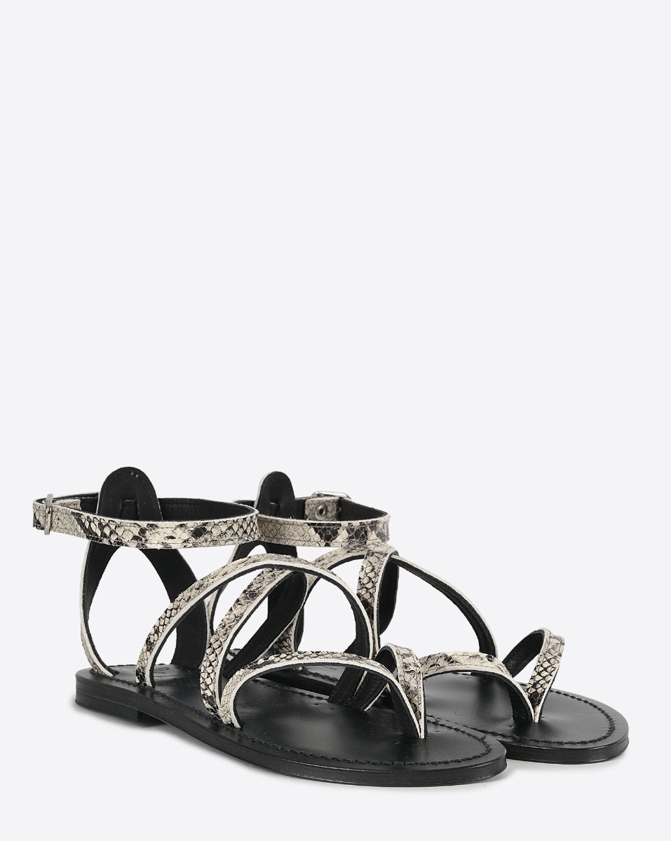 Sandales plates K.Jacques St-Tropez en cuir effet python Kampal Duna. Vue de face.