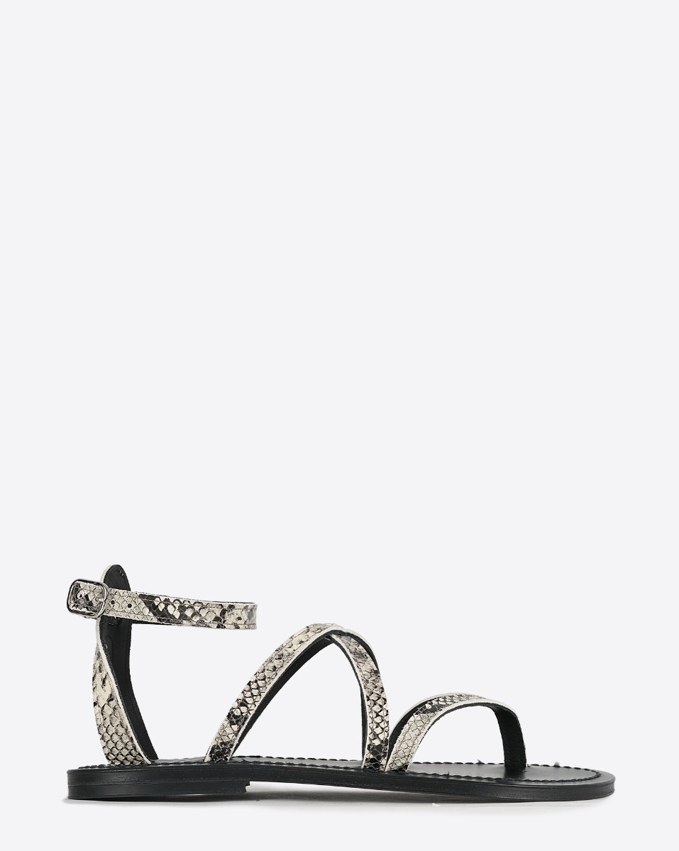 Sandales plates K.Jacques St-Tropez en cuir effet python Kampal Duna. Vue de profil.