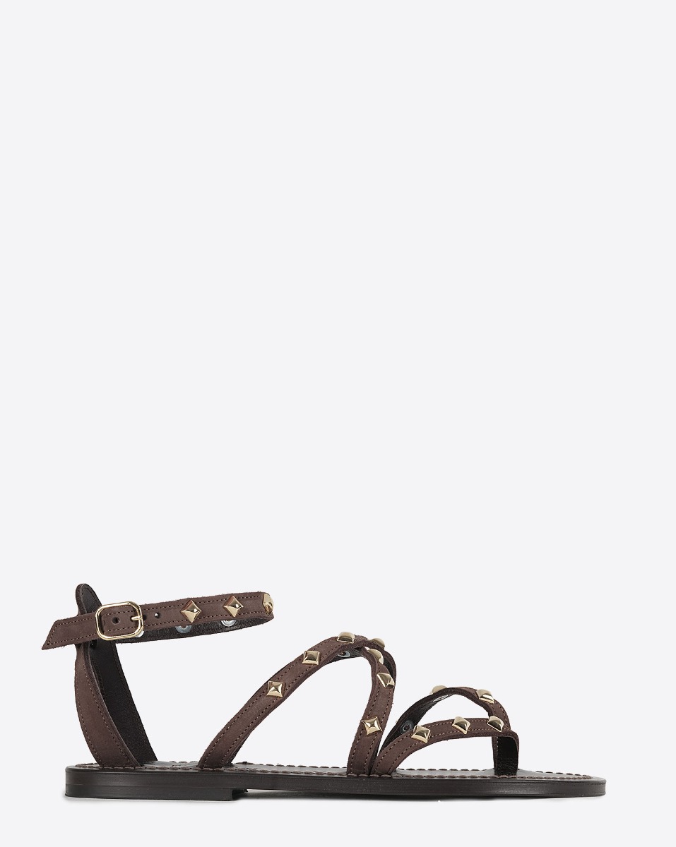 Sandales plates Epicurepyr en cuir Moka, clout&eacute;es dor&eacute;es. Vue de profil. 