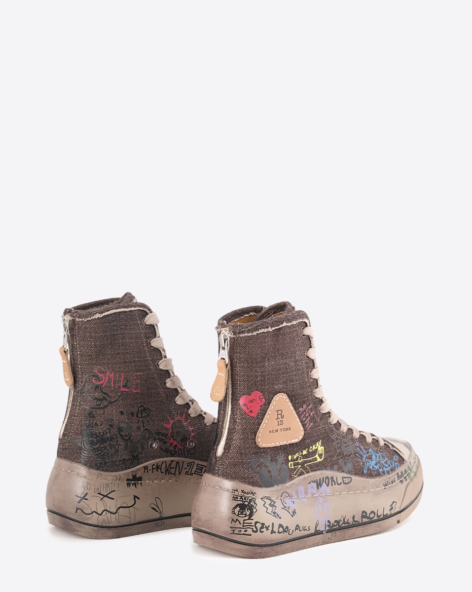 Sneakers compens&eacute;es Kurt R13 en toile de laine marron tagu&eacute;e. Vue de dos.