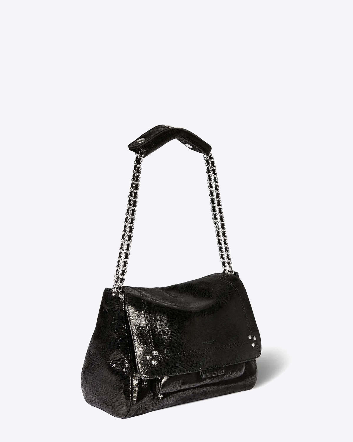 Sac Lulu M lamé noir Jérôme Dreyfuss. Porté court chaine silver.