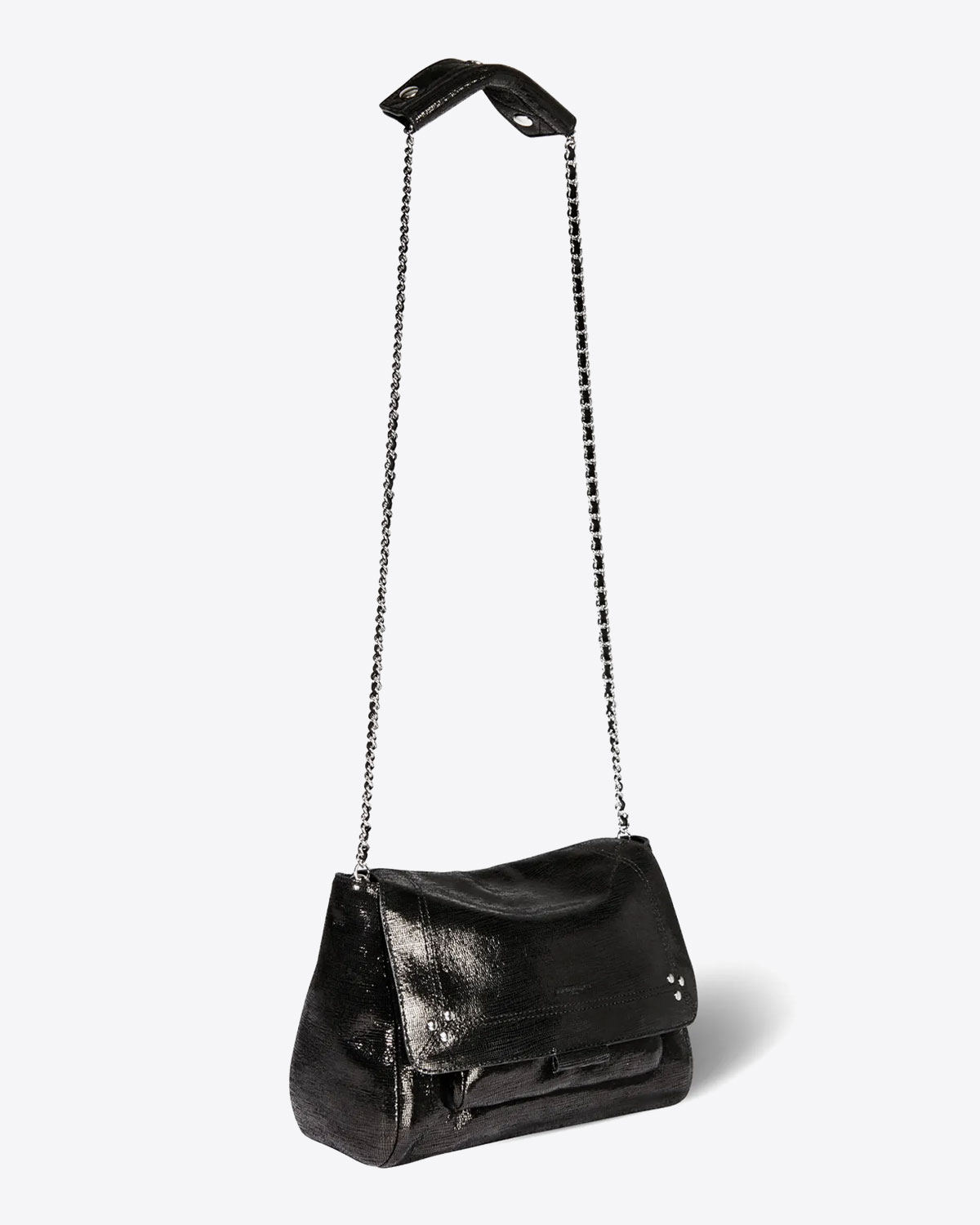 Sac Lulu M lamé noir Jérôme Dreyfuss. Longue chaine silver. 