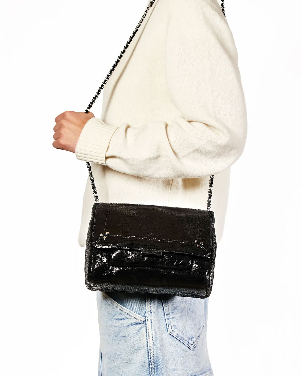 Sac Lulu M lamé noir Jérôme Dreyfuss. Porté épaule.