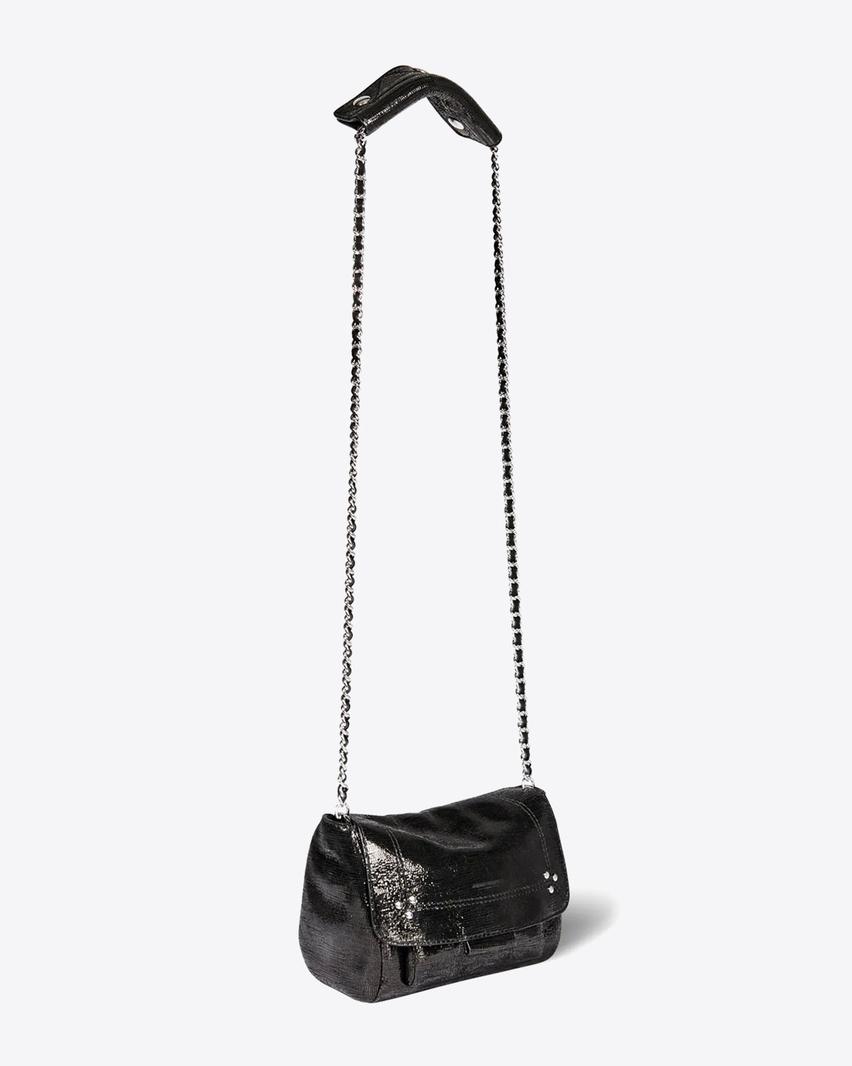 Sac bandoulière Lulu S chèvre lamé noir Jérôme Dreyfuss. Longue chaine silver.