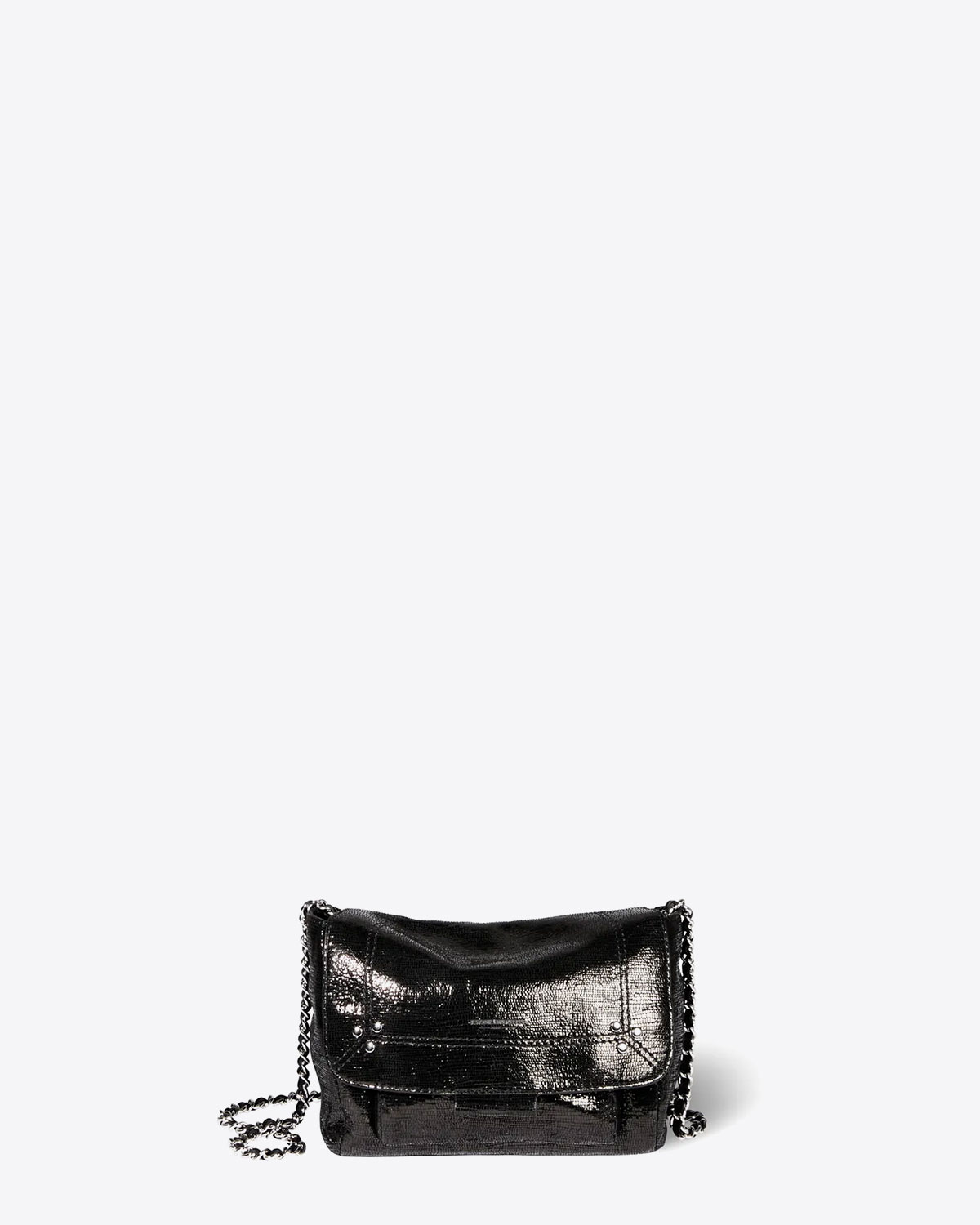 Sac bandoulière Lulu S chèvre lamé noir Jérôme Dreyfuss. Face.