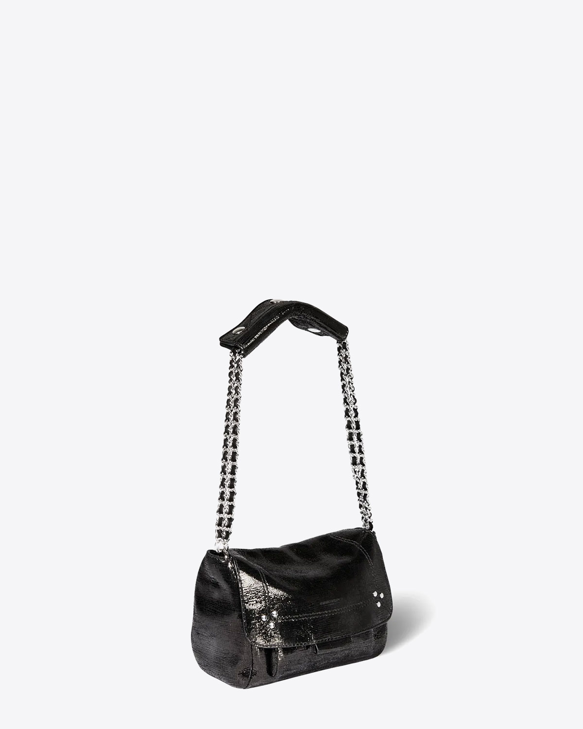 Sac bandoulière Lulu S chèvre lamé noir Jérôme Dreyfuss. Porté court double chaine.