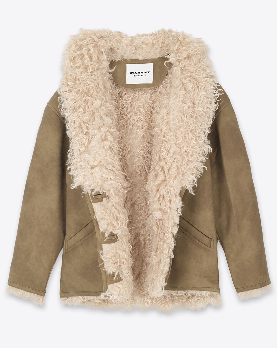 Manteau Clea Isabel Marant Etoile en faux mouton retourn&eacute; taupe. Vue de face. Ouvert.