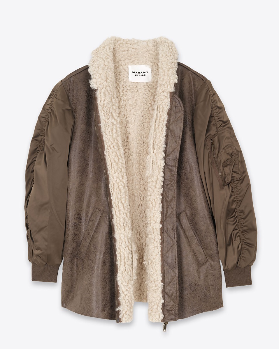 Manteau Ivana Isabel Marant Etoile en faux cuir effet mouton et manches bomber. Vue de face. Ouvert.
