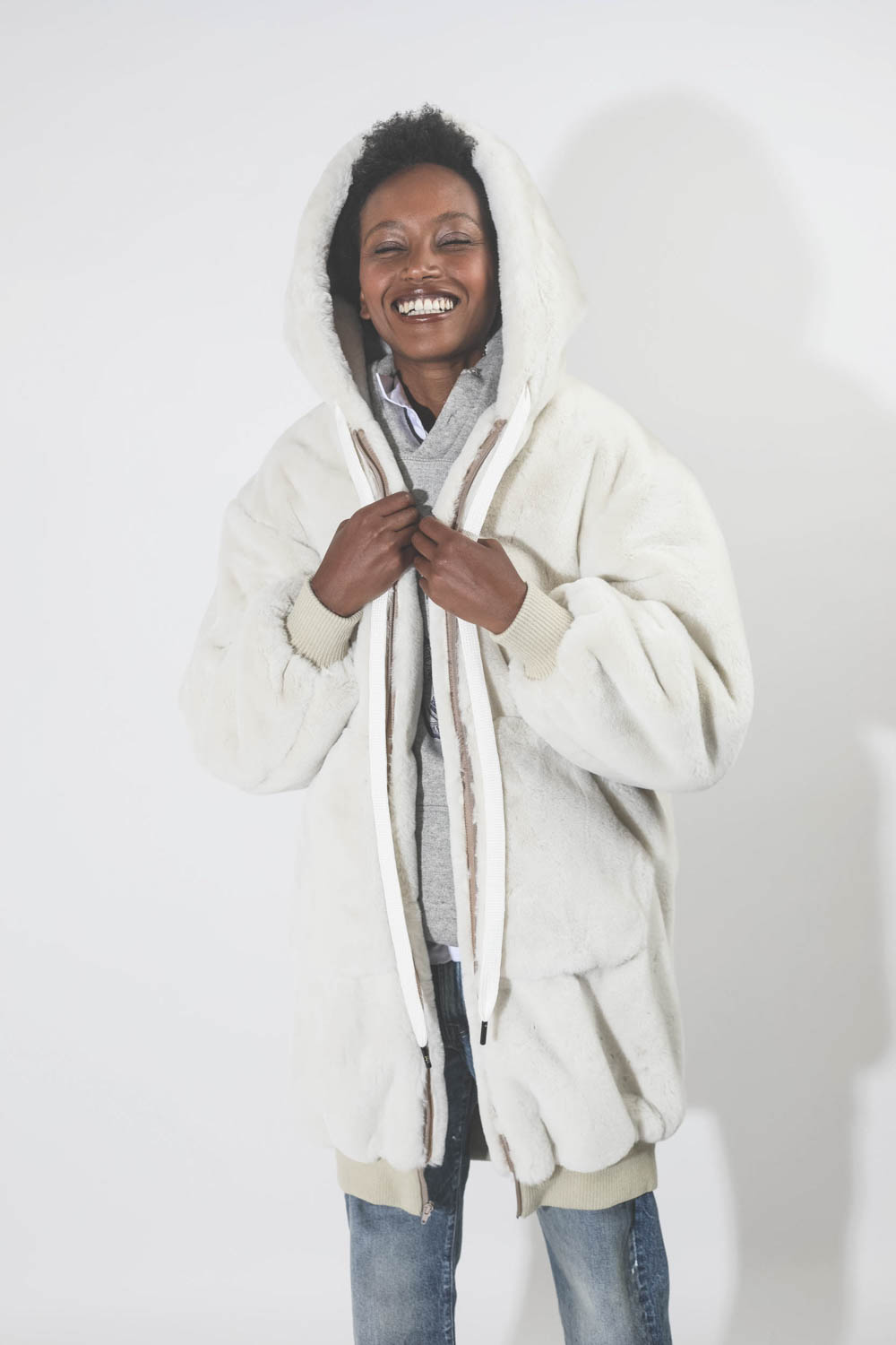 Fausse fourrure oversized zip hoodie coat écru r13.