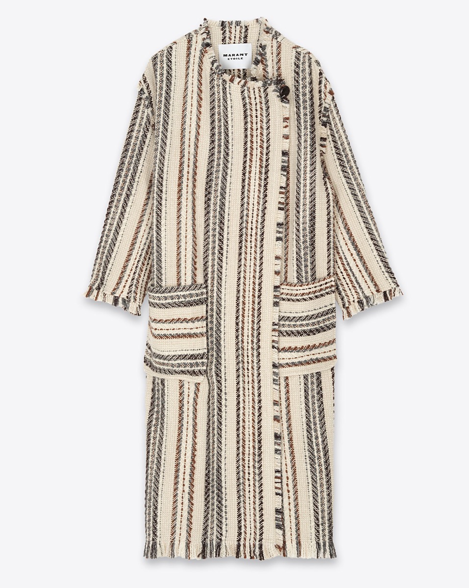 Manteau long à rayures Initaf Isabel Marant Etoile en coton et laine mélangés écru. Vue de face. Fermé.