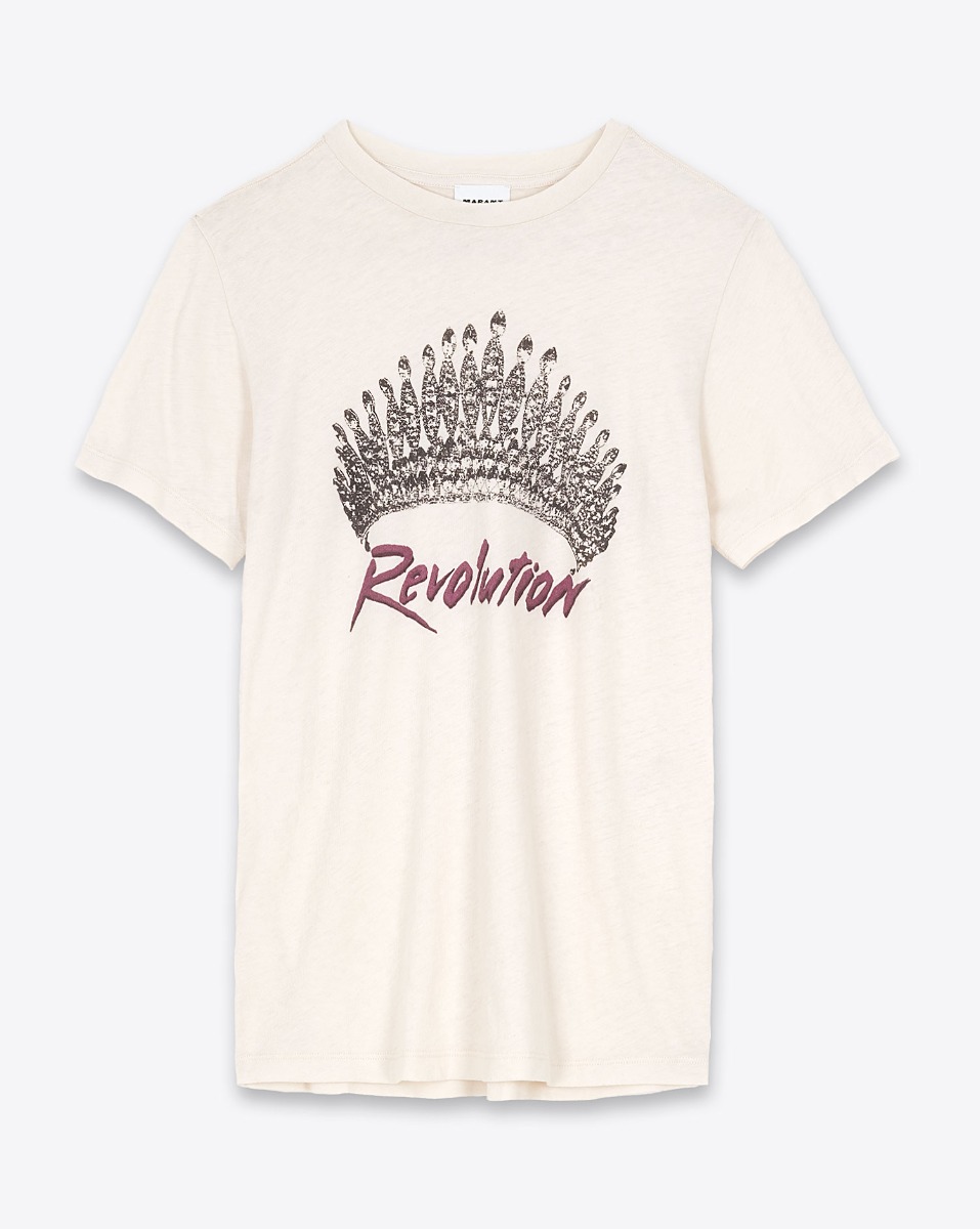 Tee-shirt manches courtes imprimé placé devant tiare Révolution en coton écru Zewel Isabel Marant Etoile. Face.