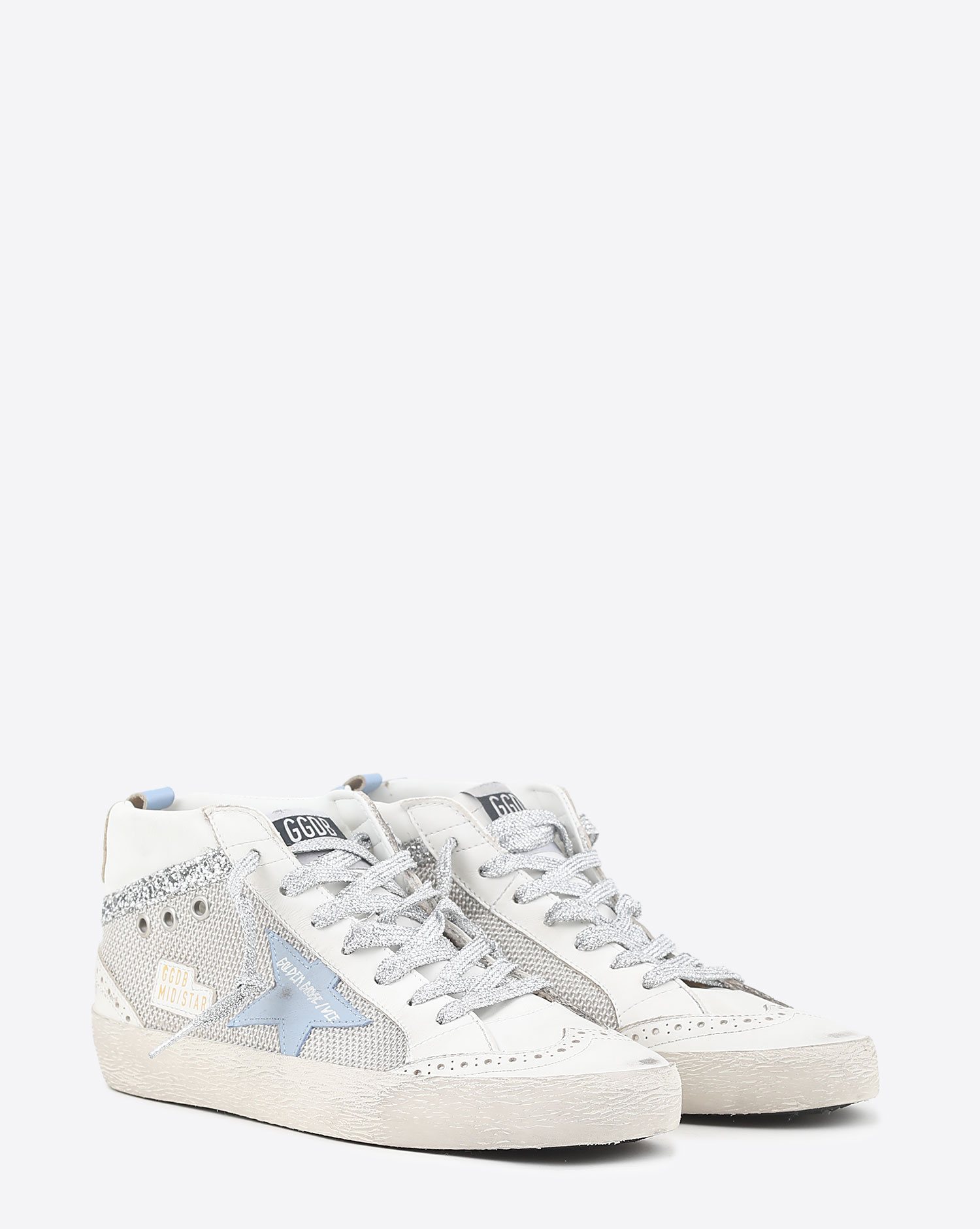 Golden Goose Femme Sneakers Mid Star Blanc Argent Bleu 