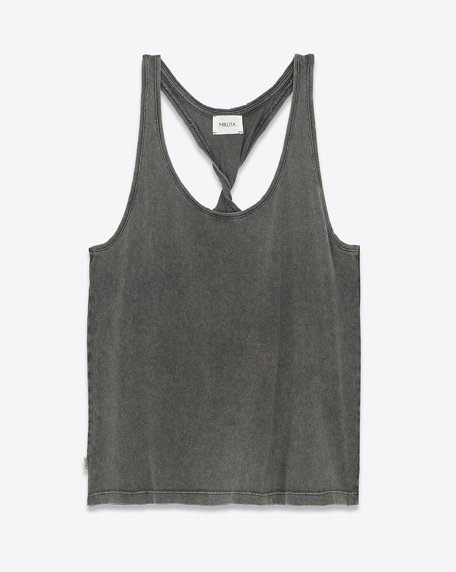 Débardeur emmanchure américaine torsade dans le dos en jersey de coton fluide anthracite Mikuta. Face. 