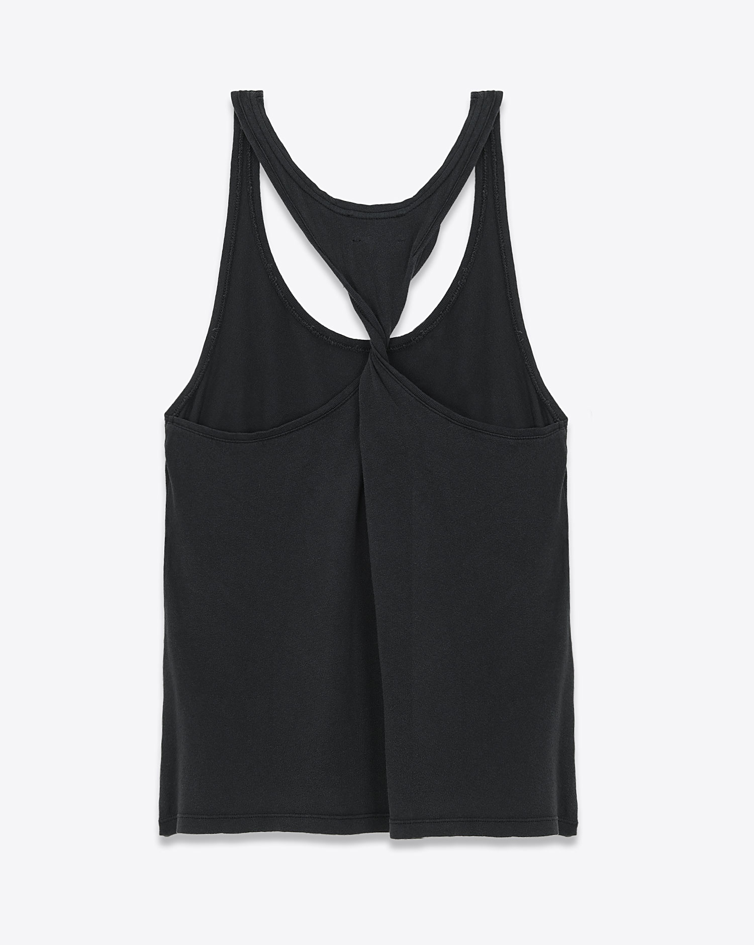 Débardeur emmanchure américaine torsade dans le dos en jersey de coton noir Mikuta. Dos.