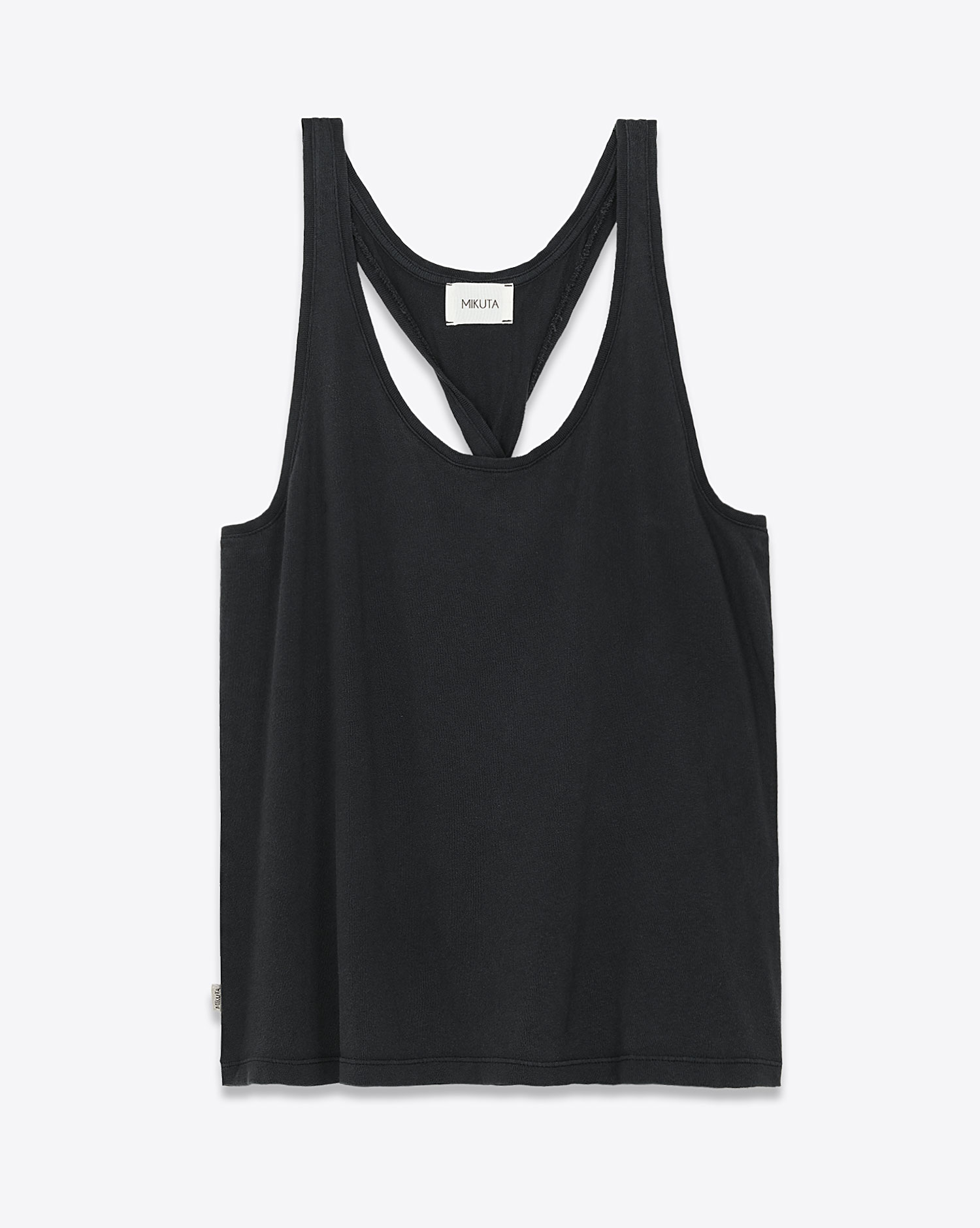 Débardeur emmanchure américaine torsade dans le dos en jersey de coton noir Mikuta. Face. 